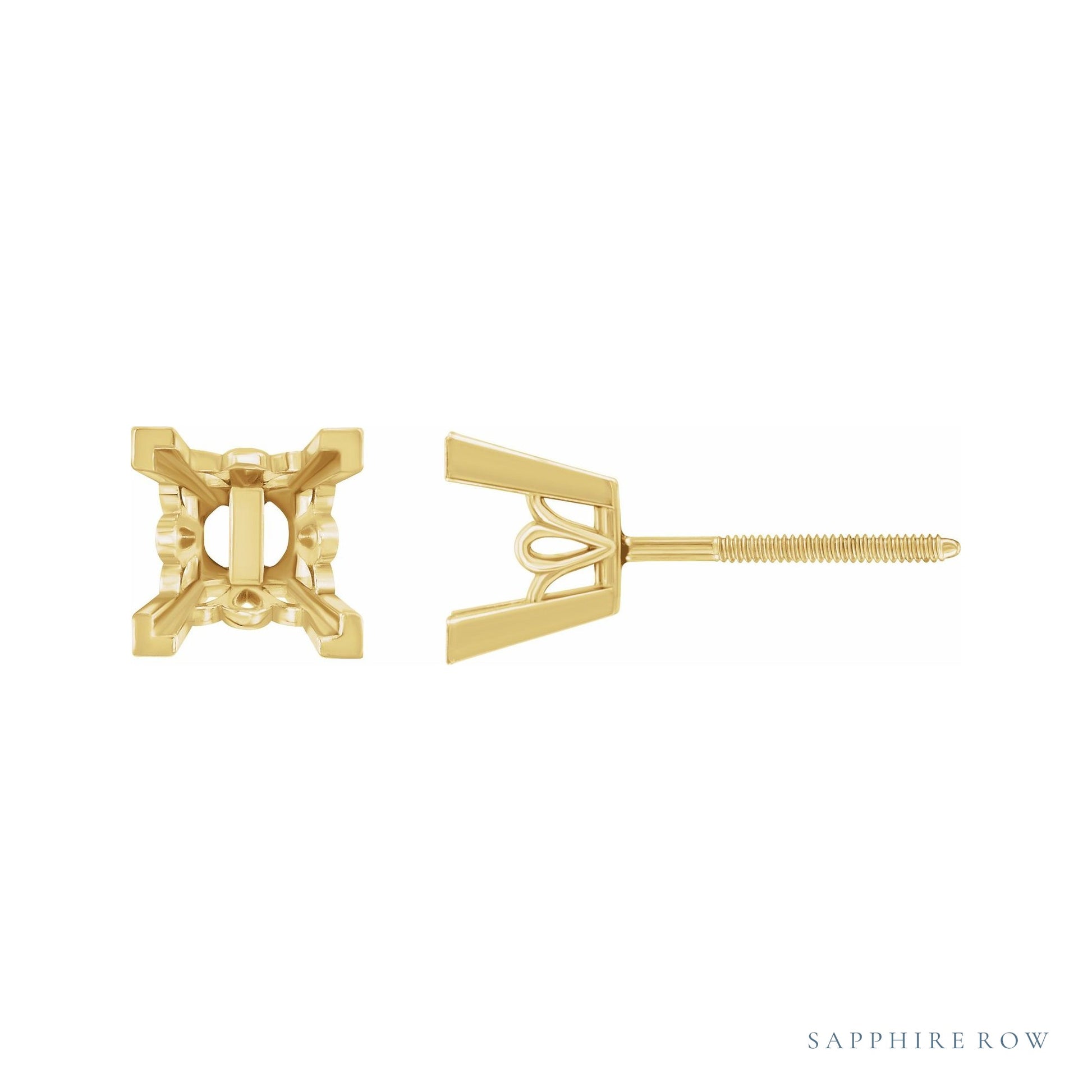 Sapphire Row Square 4-Prong V-End Scroll® Earrings setting in 14K Yellow Gold, shown with a center stone (sold separately)