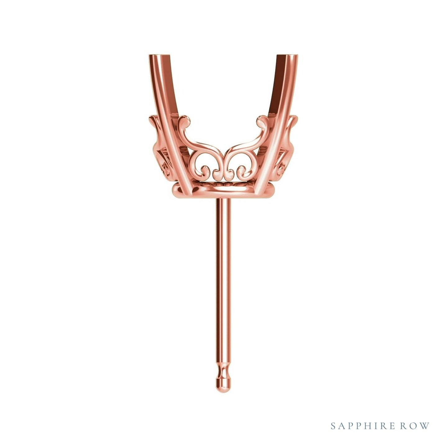 Sapphire Row Round 4-Prong Scroll Stud Earrings setting in 14K Rose Gold, shown with a center stone (sold separately)
