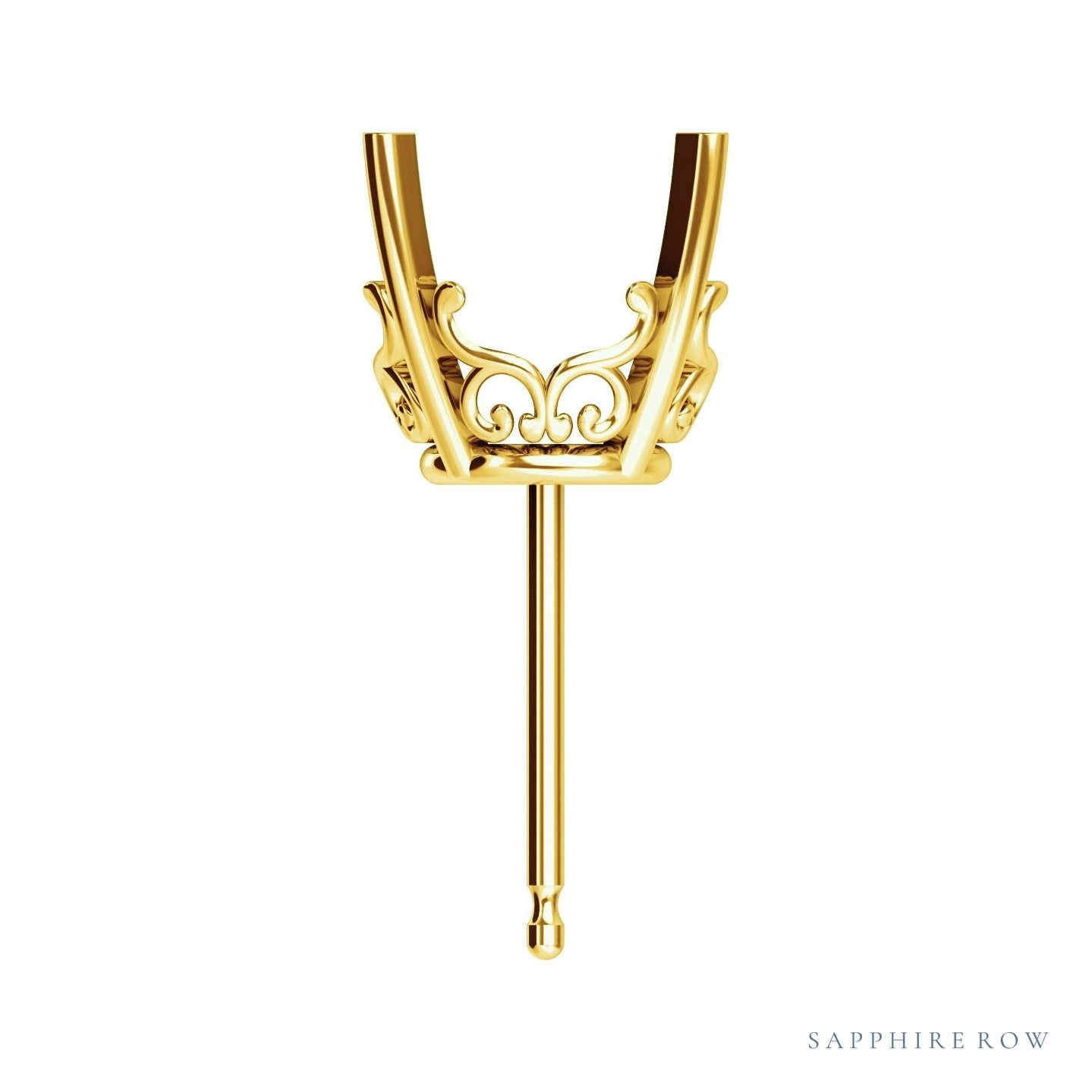 Sapphire Row Round 4-Prong Scroll Stud Earrings setting in 14K Yellow Gold, shown with a center stone (sold separately)