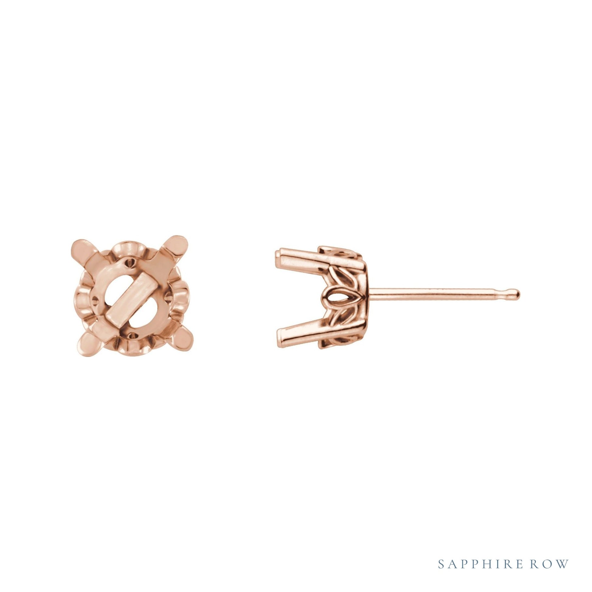 Sapphire Row Round 4-Prong Scroll® Stud Earrings setting in 14K Rose Gold, shown with a center stone (sold separately)