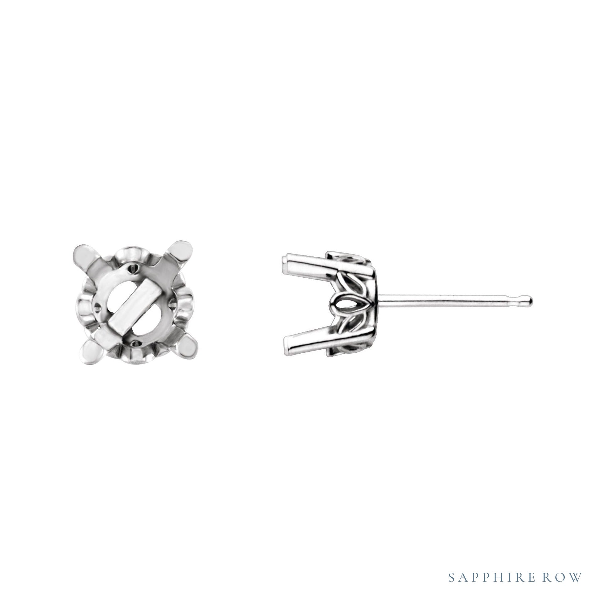 Sapphire Row Round 4-Prong Scroll® Stud Earrings setting in 14K White Gold, shown with a center stone (sold separately)