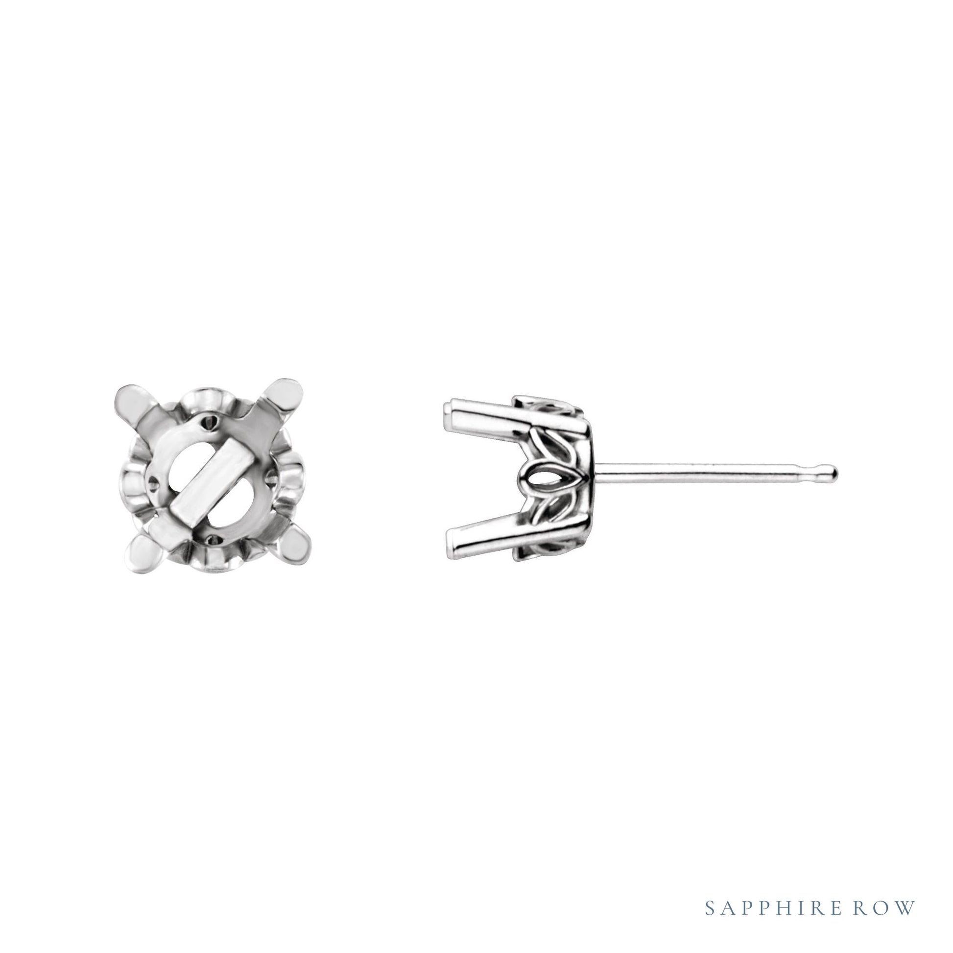Sapphire Row Round 4-Prong Scroll® Stud Earrings setting in 14K White Gold, shown with a center stone (sold separately)