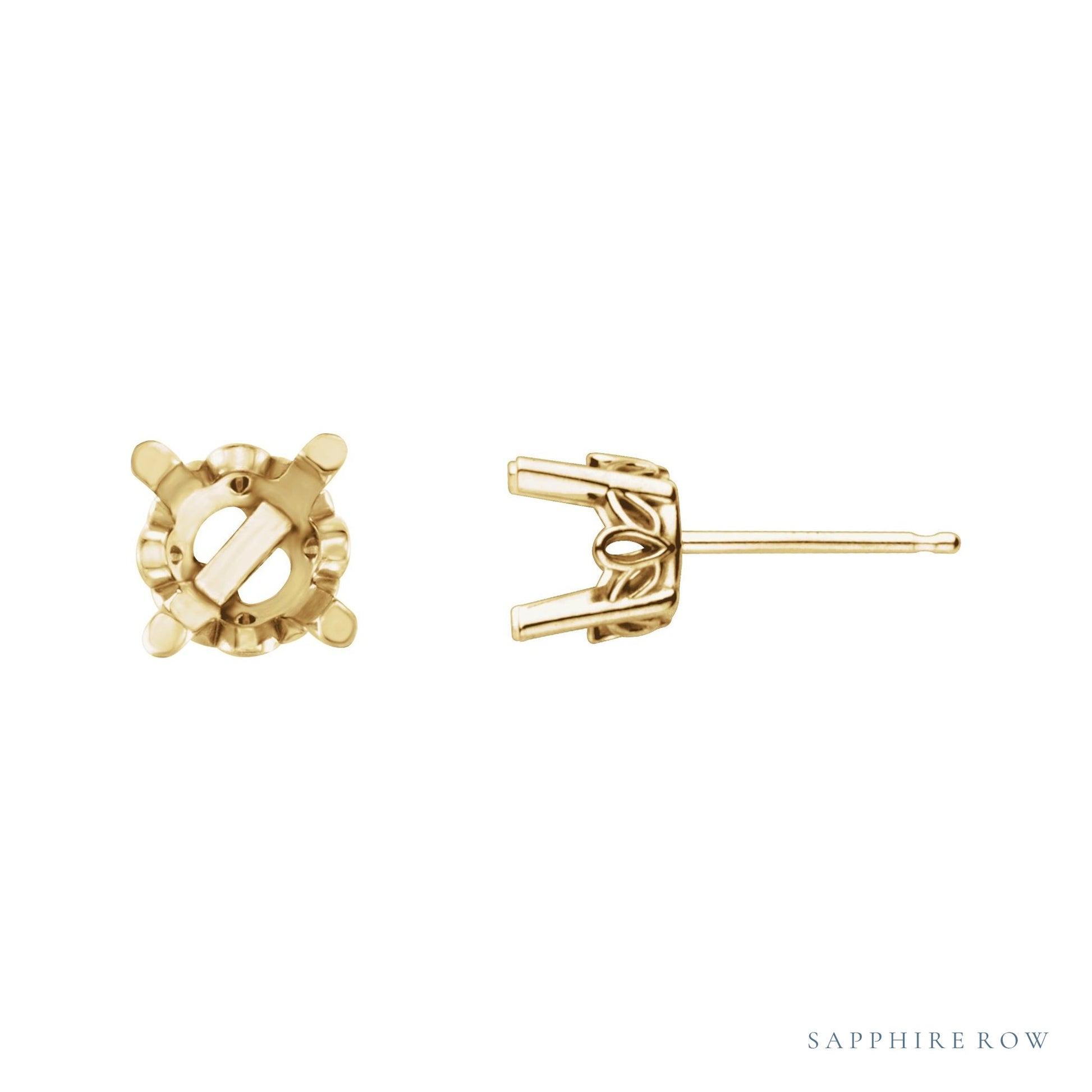 Sapphire Row Round 4-Prong Scroll® Stud Earrings setting in 14K Yellow Gold, shown with a center stone (sold separately)