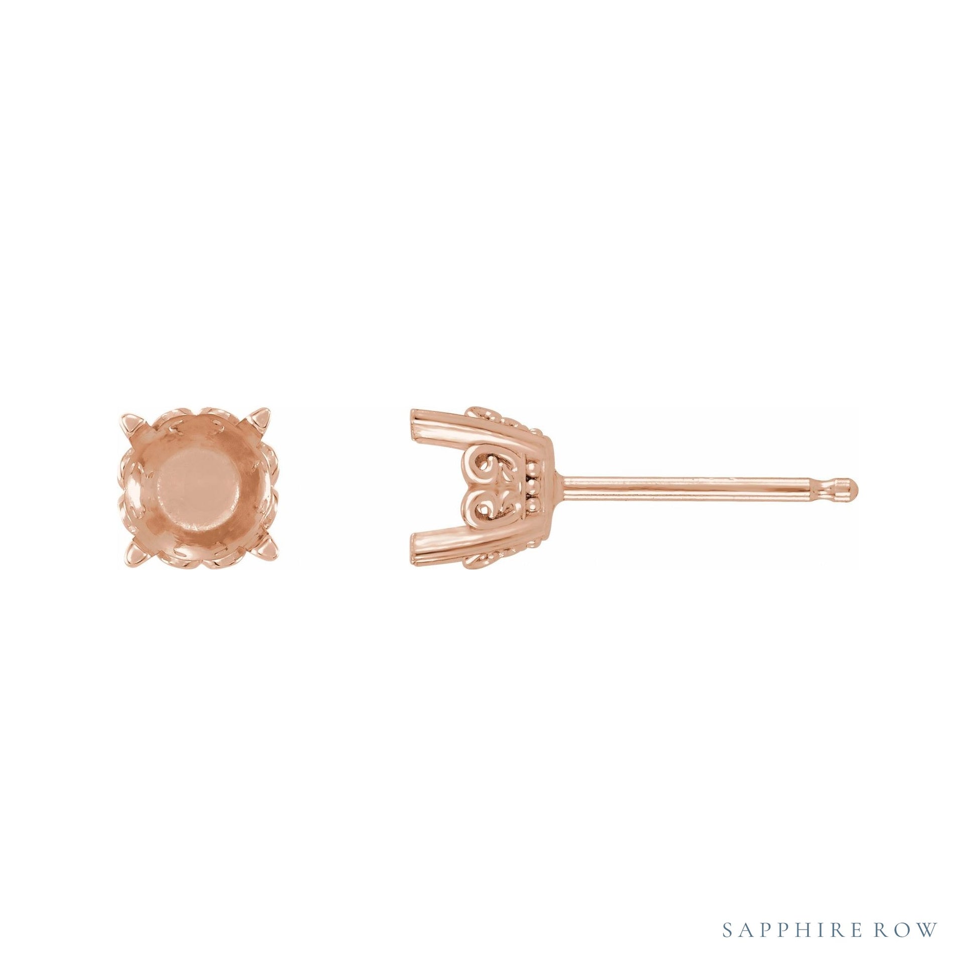 Sapphire Row Round 4-Prong Butterfly Scroll Stud Earrings setting in 14K Rose Gold, shown with a center stone (sold separately)