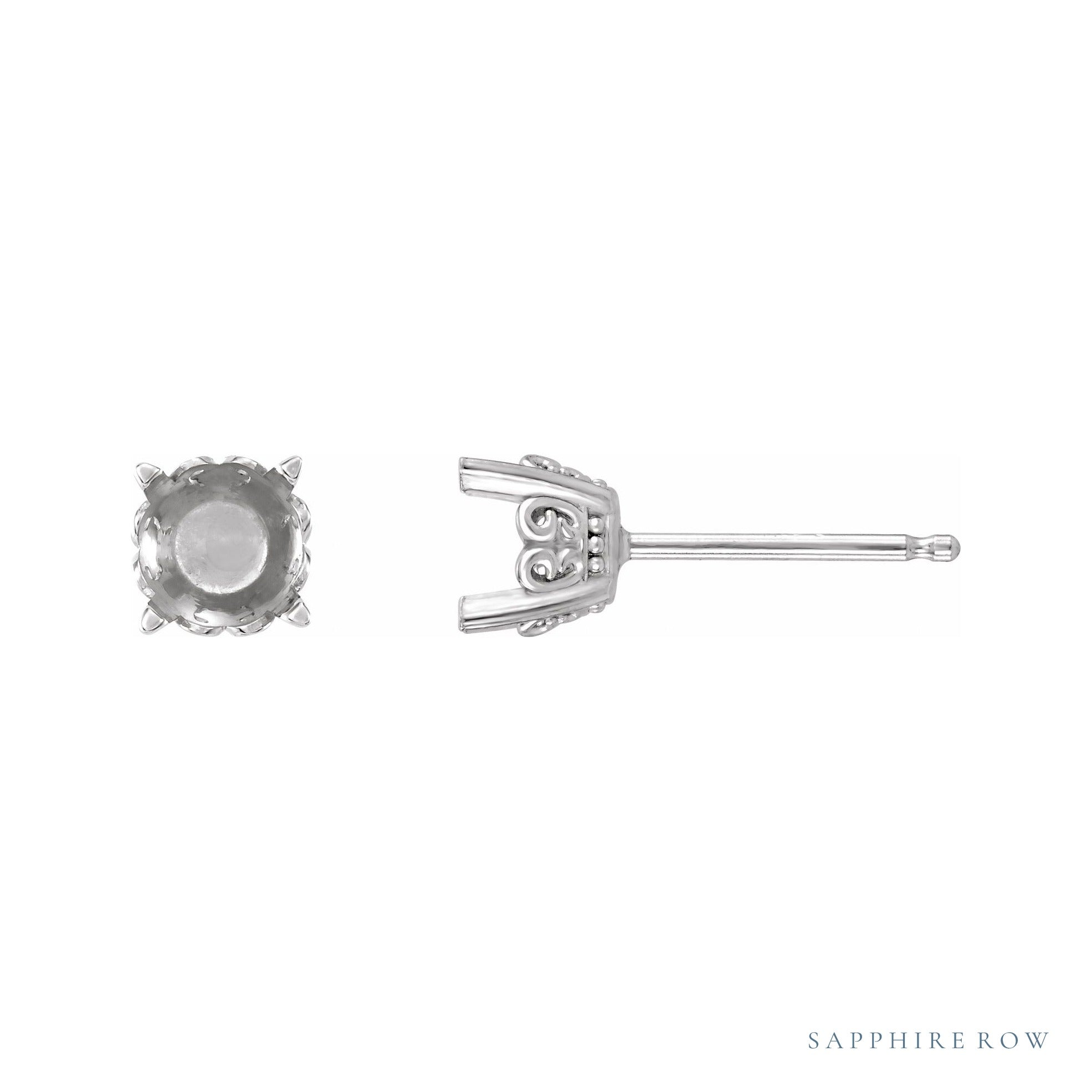 Sapphire Row Round 4-Prong Butterfly Scroll Stud Earrings setting in 14K White Gold, shown with a center stone (sold separately)