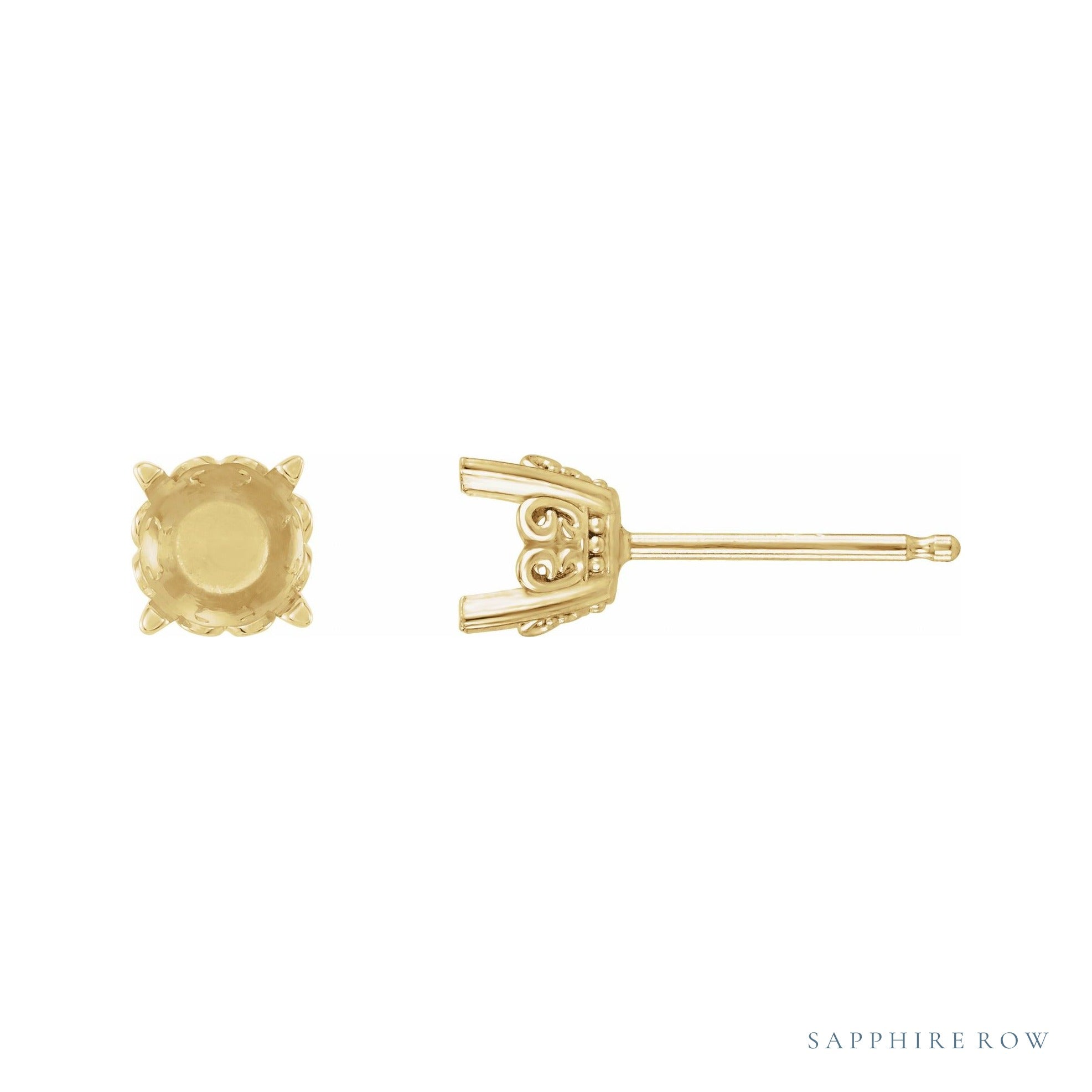 Sapphire Row Round 4-Prong Butterfly Scroll Stud Earrings setting in 14K Yellow Gold, shown with a center stone (sold separately)