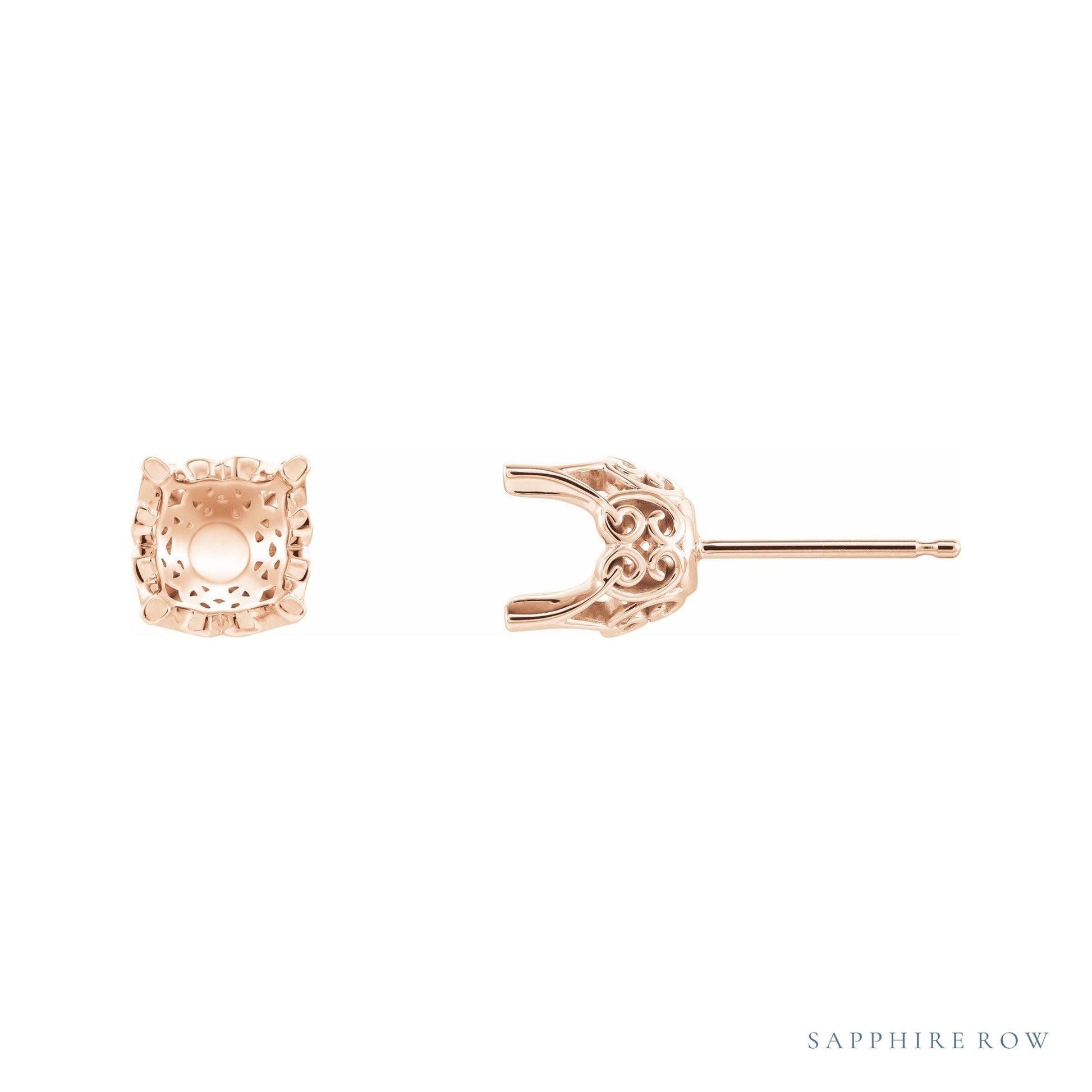 Sapphire Row Round 4-Prong Lace-Style Stud Earrings setting in 14K Rose Gold, shown with a center stone (sold separately)