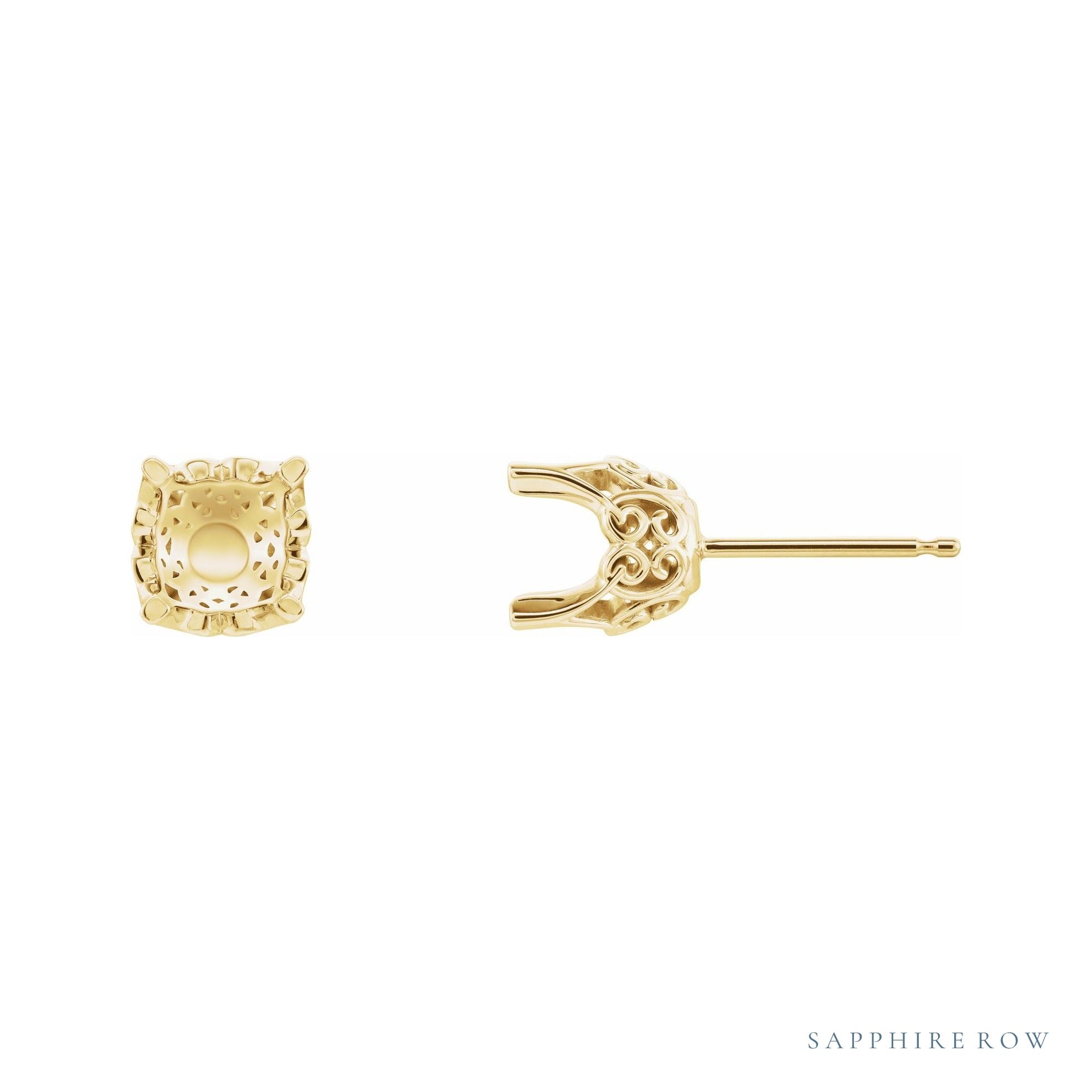 Sapphire Row Round 4-Prong Lace-Style Stud Earrings setting in 14K Yellow Gold, shown with a center stone (sold separately)