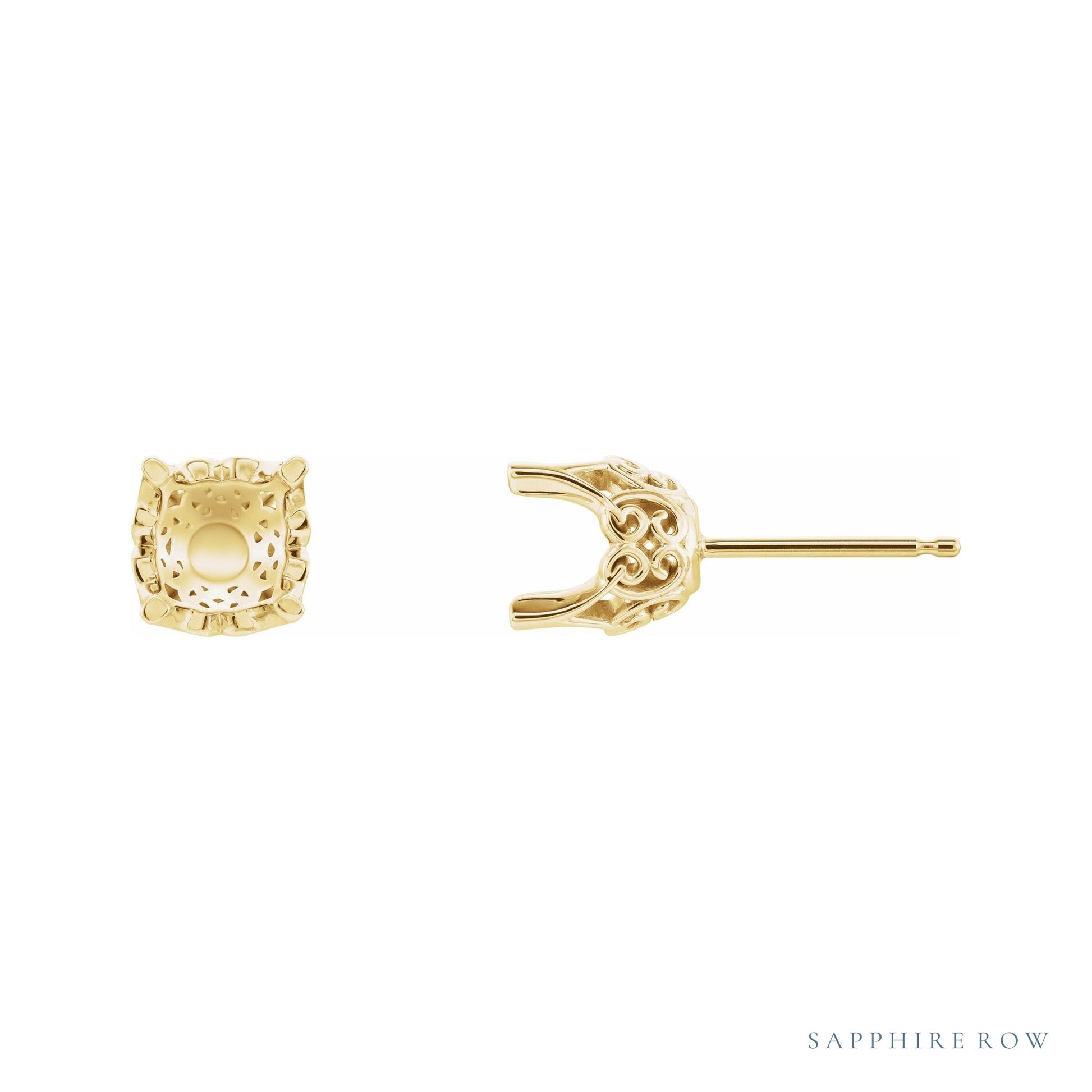 Sapphire Row Round 4-Prong Lace-Style Stud Earrings setting in 14K Yellow Gold, shown with a center stone (sold separately)