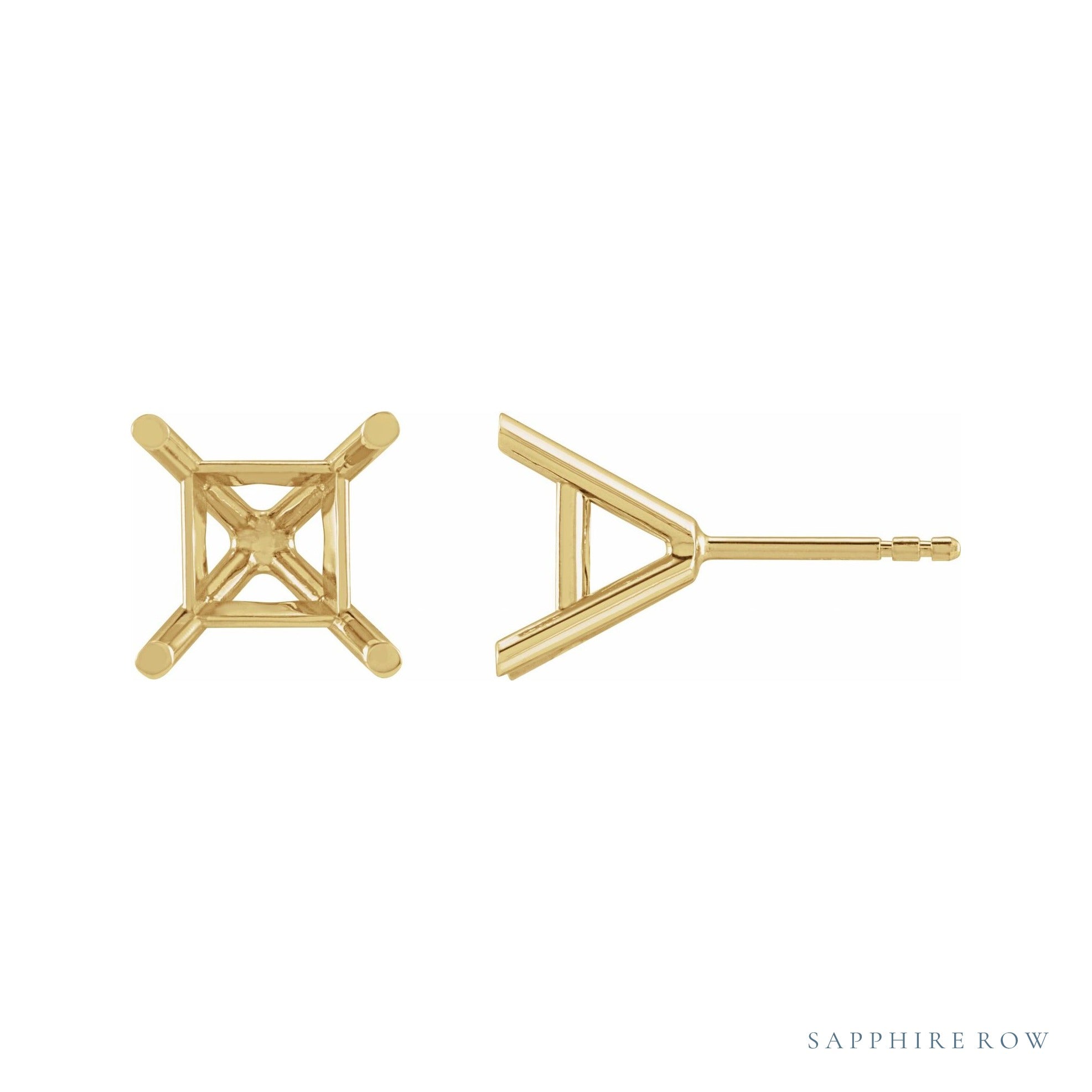 Sapphire Row Square 4-Prong Cocktail-Style Protektor® Post Stud Earrings setting in 14K Yellow Gold, shown with a center stone (sold separately)
