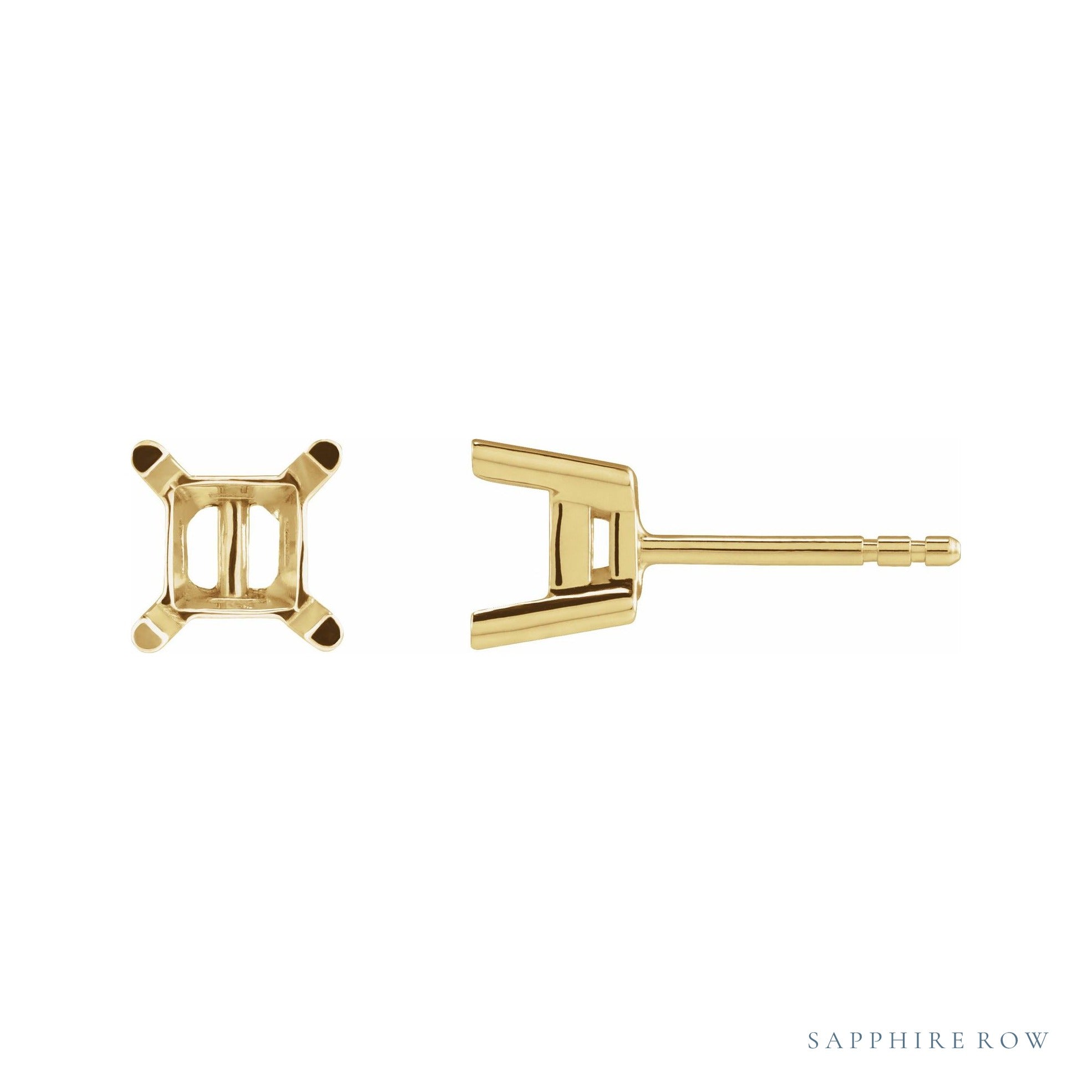 Sapphire Row Square 4-Prong Basket Protektor® Post Stud Earrings setting in 14K Yellow Gold, shown with a center stone (sold separately)