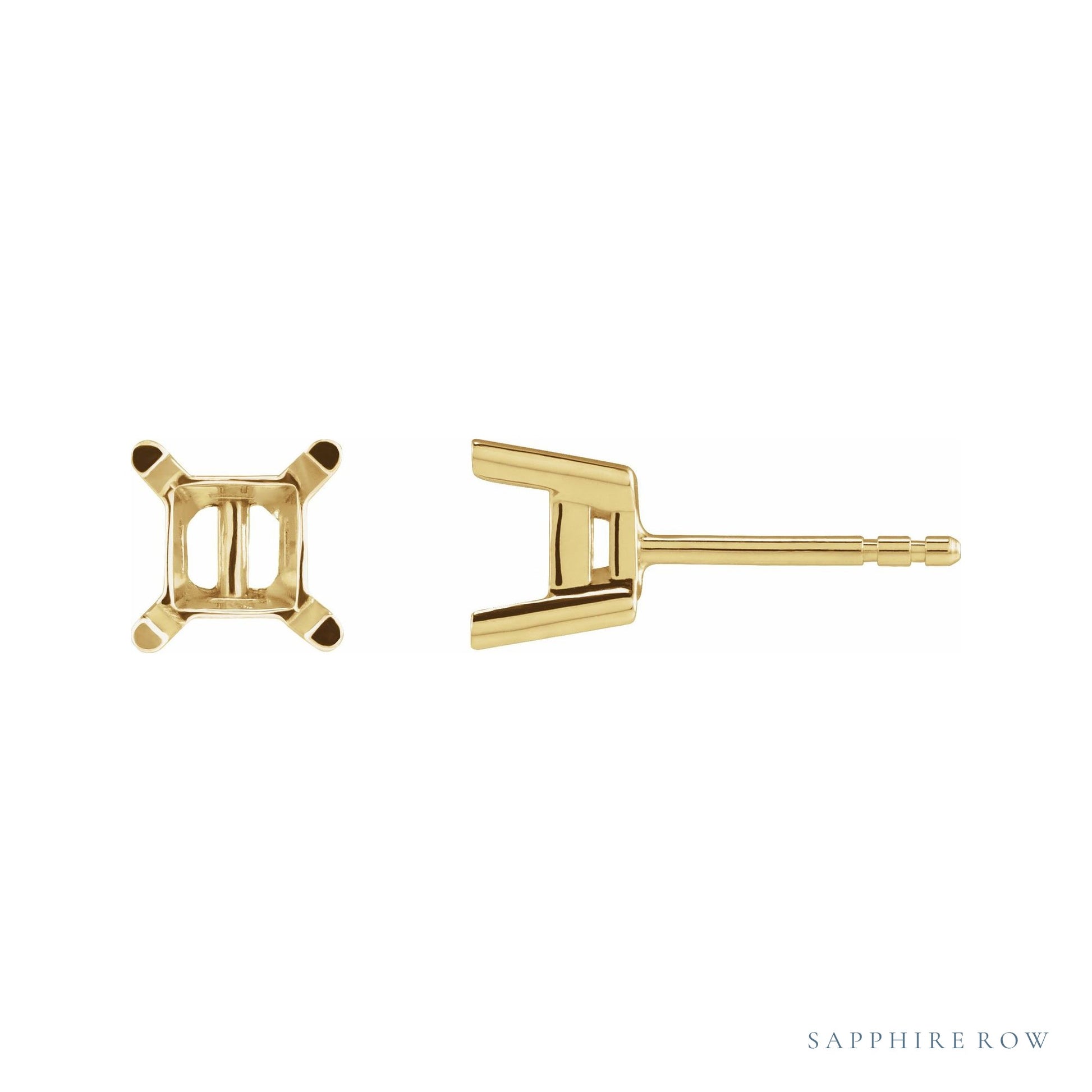 Sapphire Row Square 4-Prong Basket Protektor® Post Stud Earrings setting in 14K Yellow Gold, shown with a center stone (sold separately)