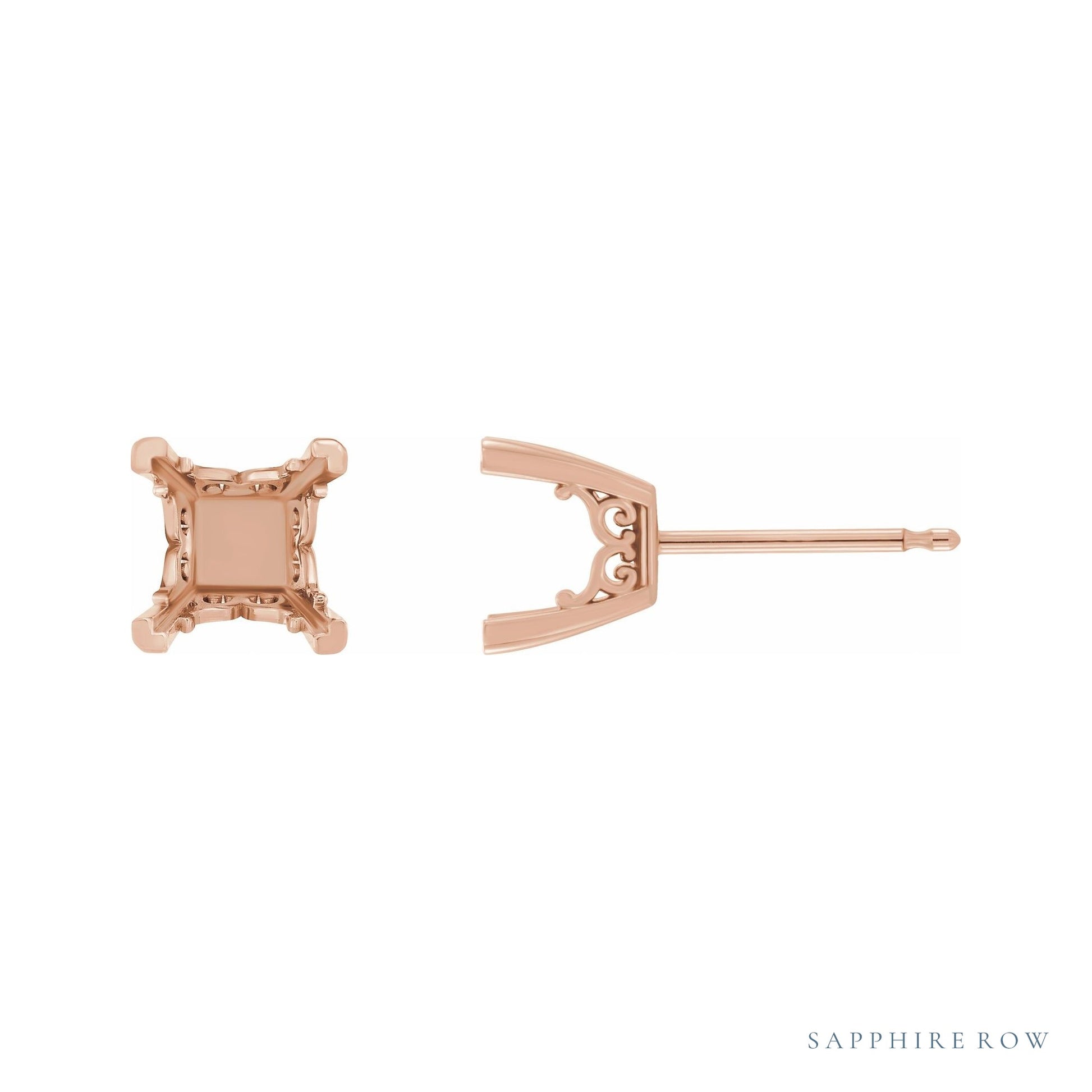 Sapphire Row Square 4-Prong Scroll Stud Earrings setting in 14K Rose Gold, shown with a center stone (sold separately)
