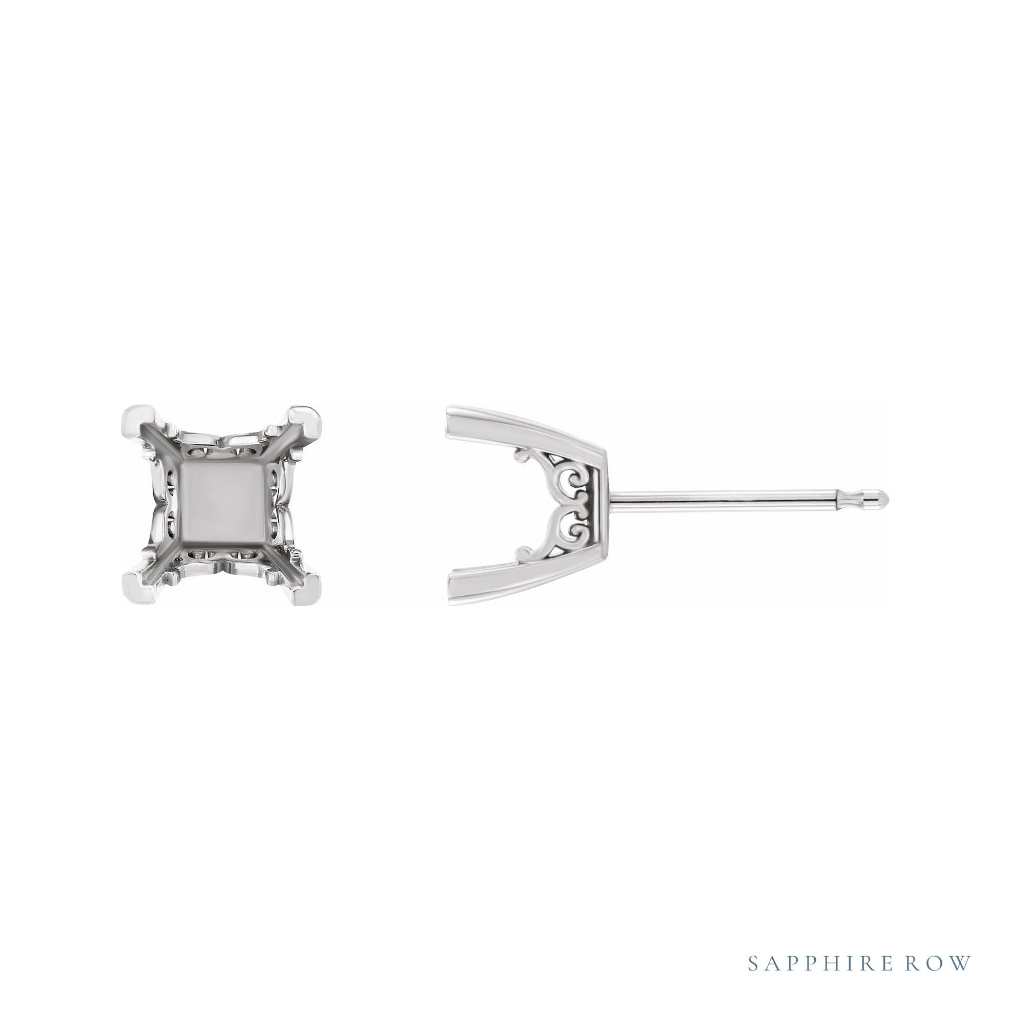 Sapphire Row Square 4-Prong Scroll Stud Earrings setting in 14K White Gold, shown with a center stone (sold separately)