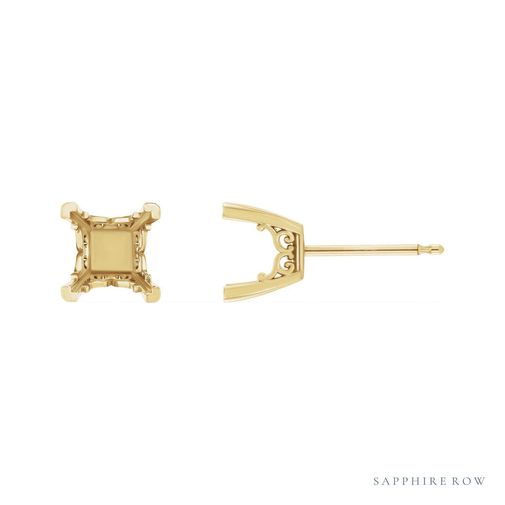 Sapphire Row Square 4-Prong Scroll Stud Earrings setting in 14K Yellow Gold, shown with a center stone (sold separately)