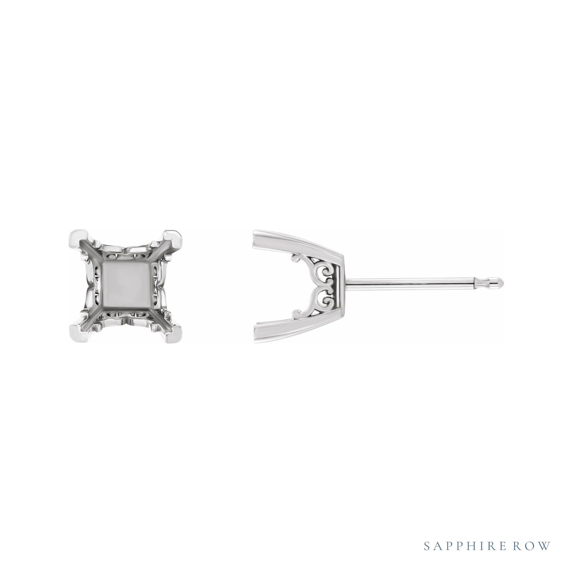 Sapphire Row Square 4-Prong Scroll Stud Earrings setting in Platinum, shown with a center stone (sold separately)