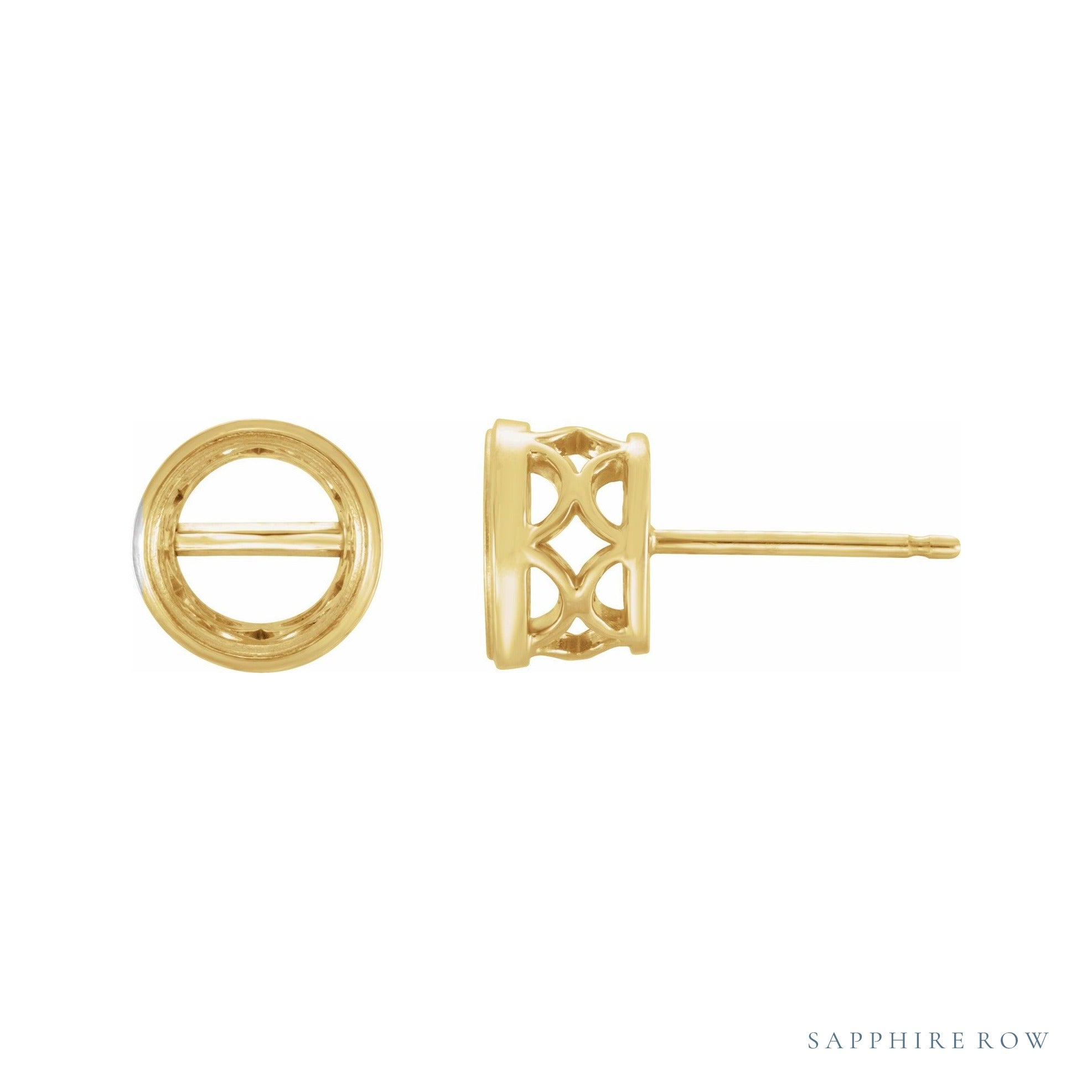 Sapphire Row Round Bezel-Set Earrings with Pierced Gallery setting in 14K Yellow Gold, shown with a center stone (sold separately)