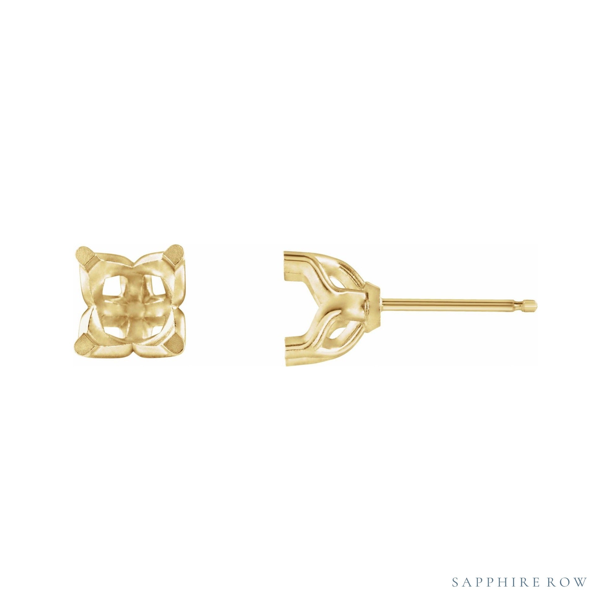 Sapphire Row Round 4-Prong Geometric Stud Earrings setting in 14K Yellow Gold, shown with a center stone (sold separately)