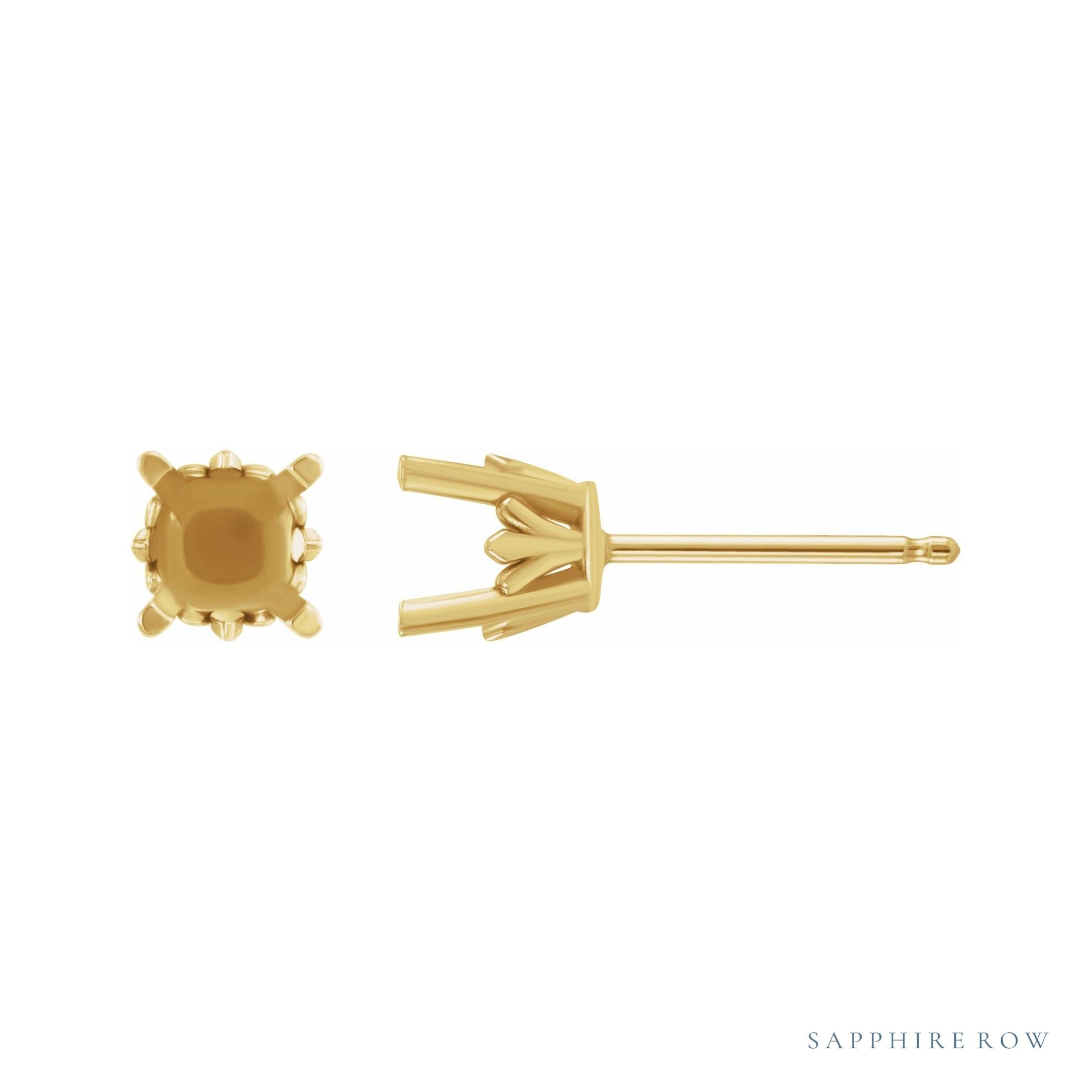 Sapphire Row Round 4-Prong Fleur-de-lis Stud Earrings setting in 14K Yellow Gold, shown with a center stone (sold separately)