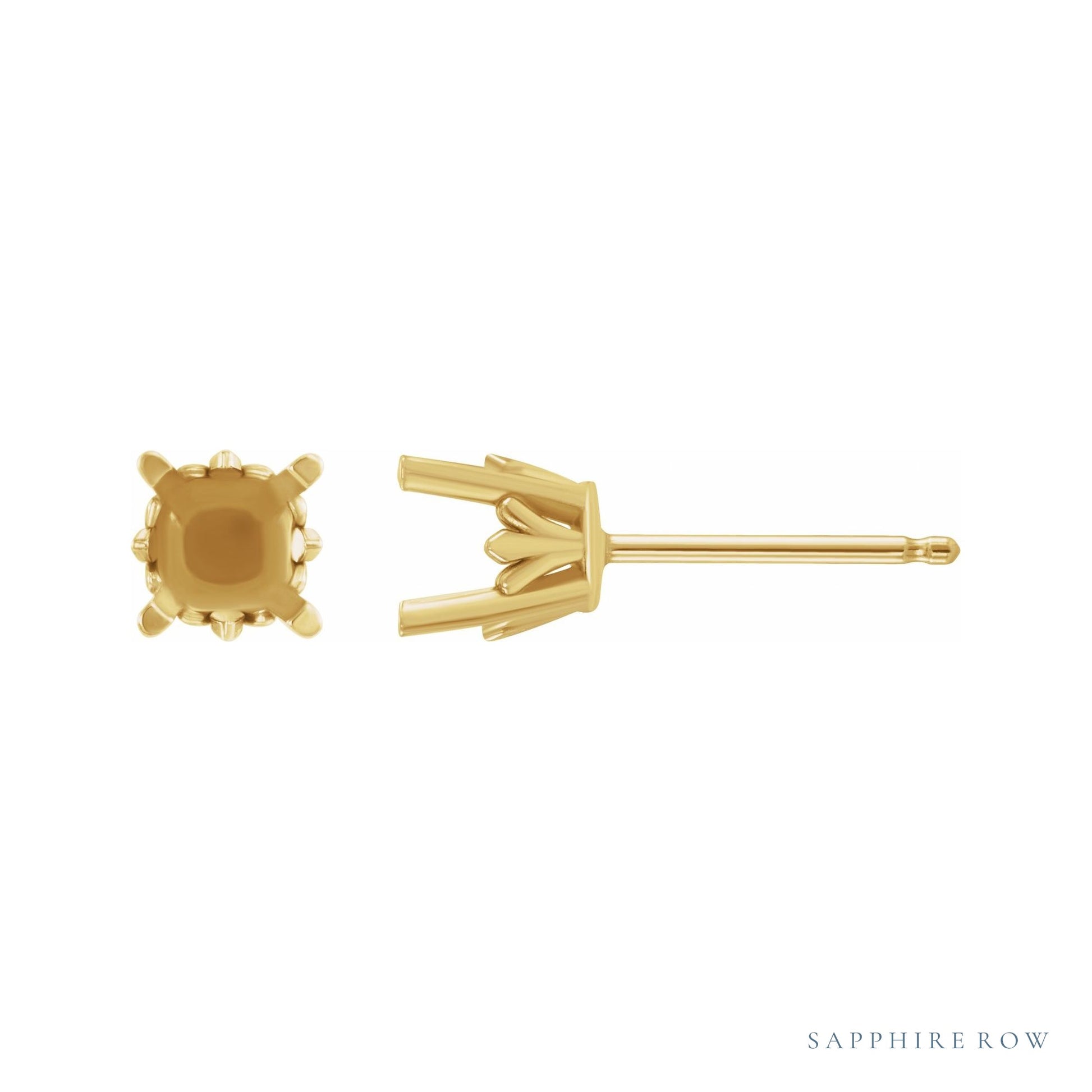 Sapphire Row Round 4-Prong Fleur-de-lis Stud Earrings setting in 14K Yellow Gold, shown with a center stone (sold separately)