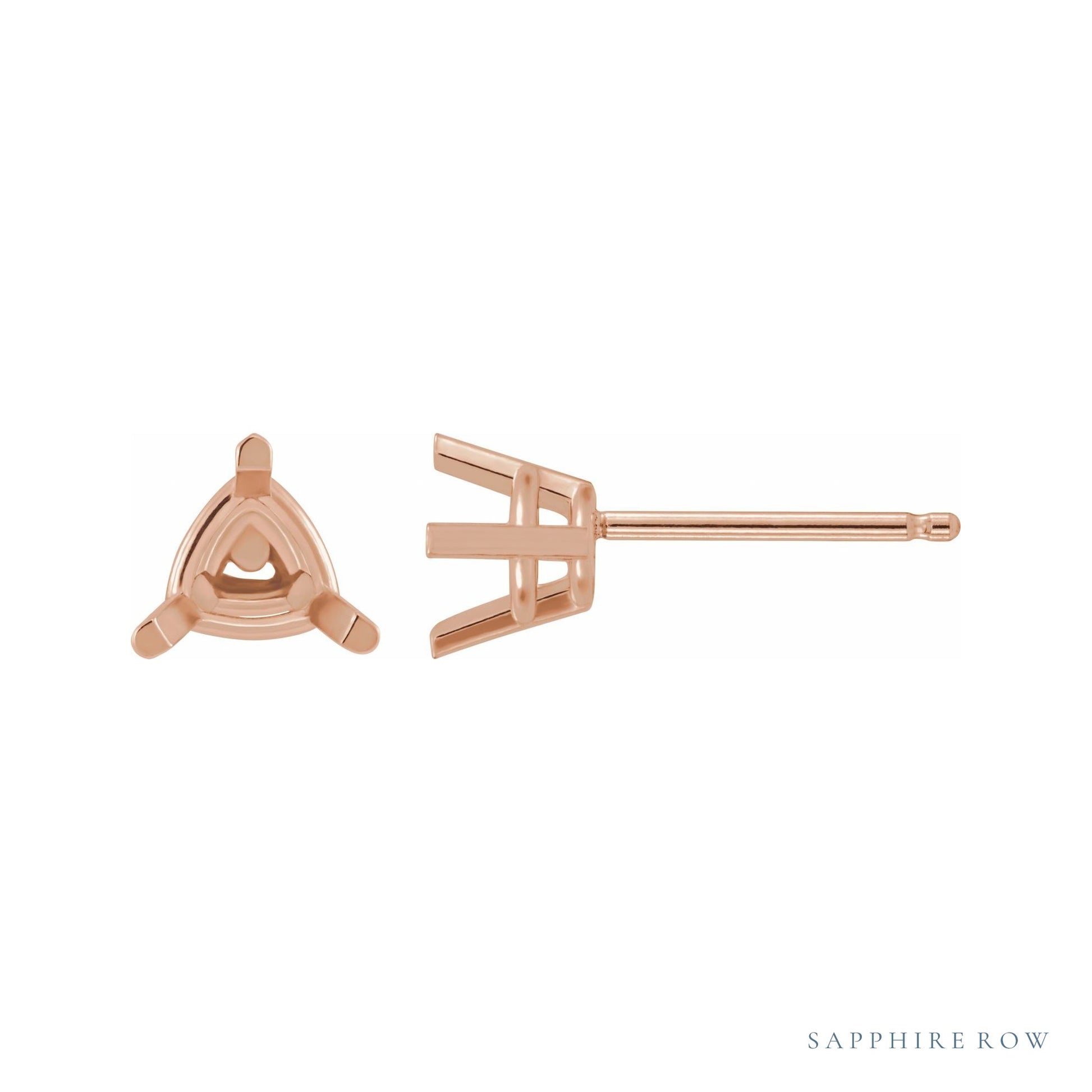 Sapphire Row Trillion 3-Prong Stud Earrings setting in 14K Rose Gold, shown with a center stone (sold separately)