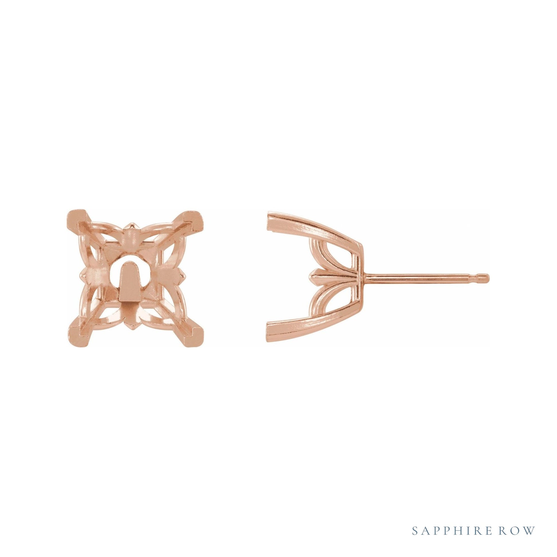 Sapphire Row Square V-Prong Fleur-de-lis Stud Earrings setting in 14K Rose Gold, shown with a center stone (sold separately)