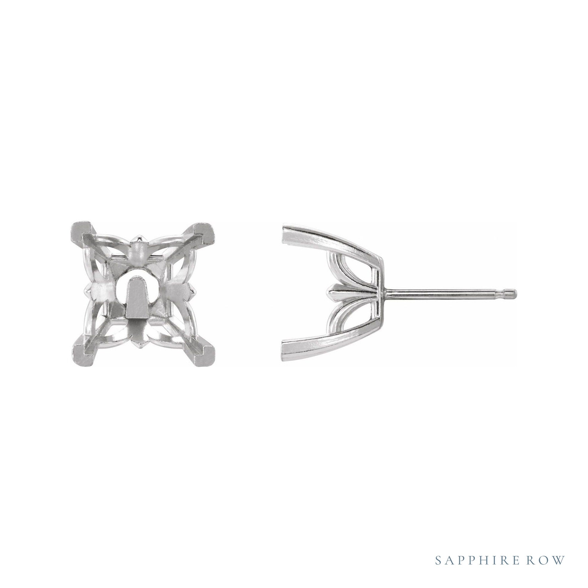 Sapphire Row Square V-Prong Fleur-de-lis Stud Earrings setting in 14K White Gold, shown with a center stone (sold separately)