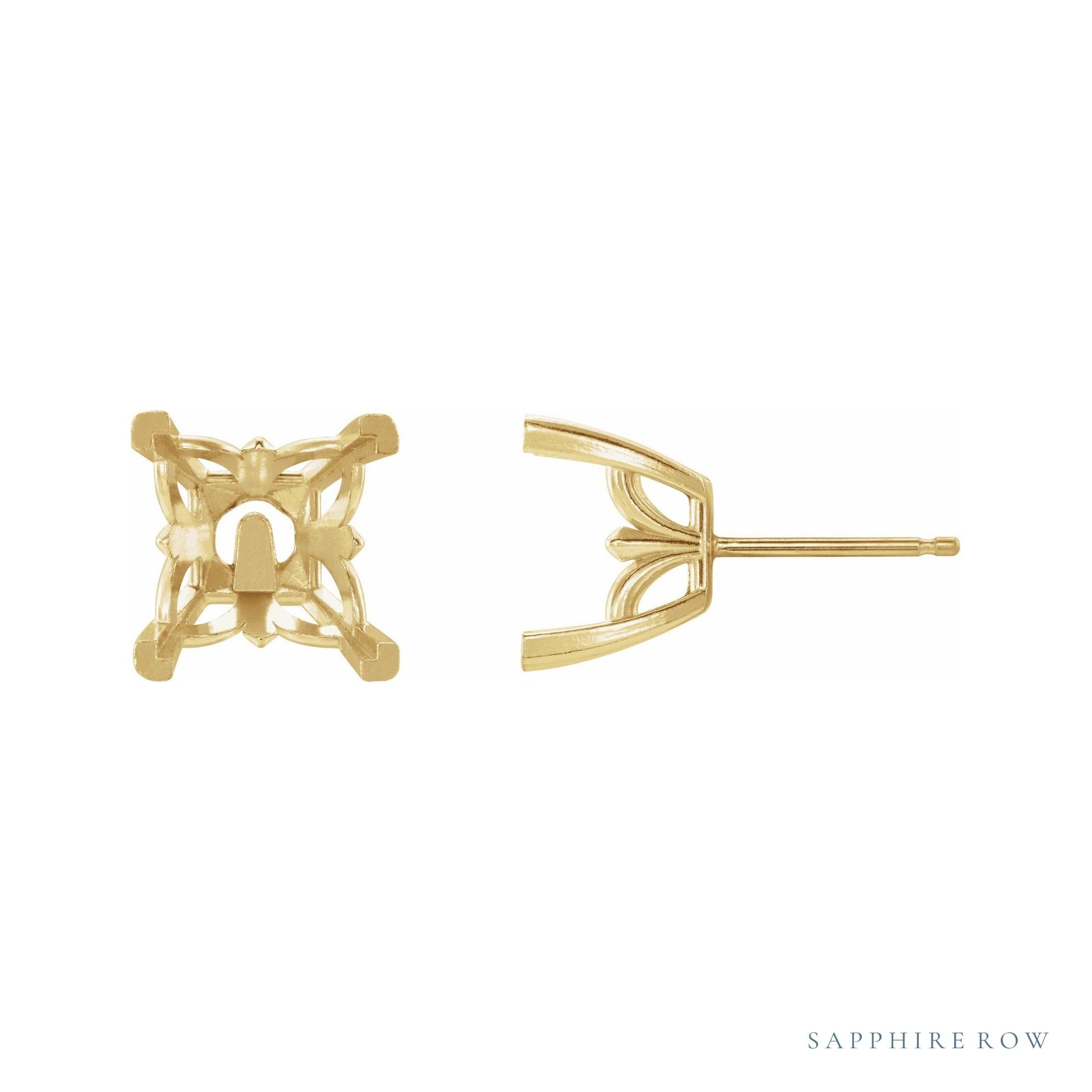 Sapphire Row Square V-Prong Fleur-de-lis Stud Earrings setting in 14K Yellow Gold, shown with a center stone (sold separately)
