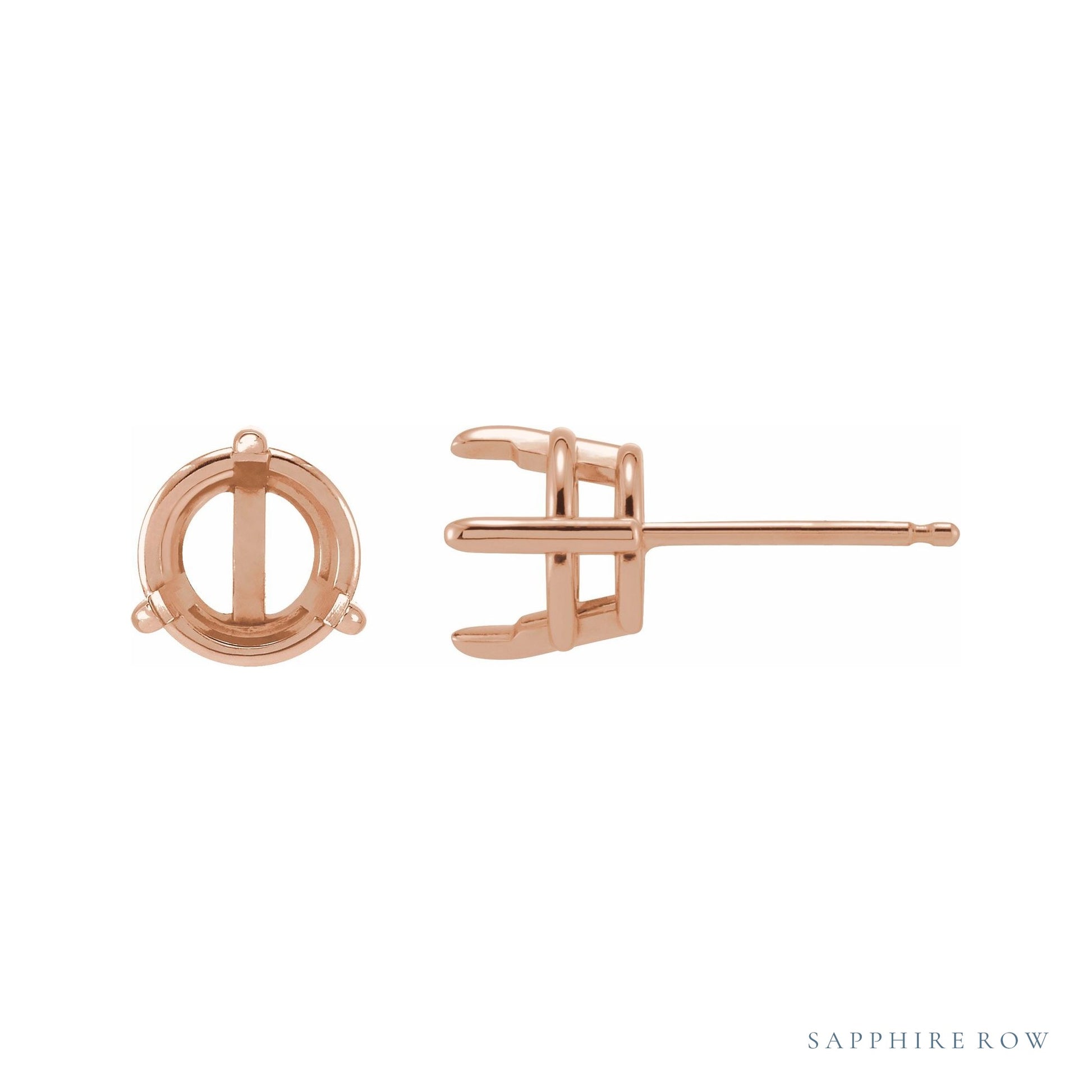 Sapphire Row Round 3-Prong Pre-Notched Claw Earrings setting in 14K Rose Gold, shown with a center stone (sold separately)