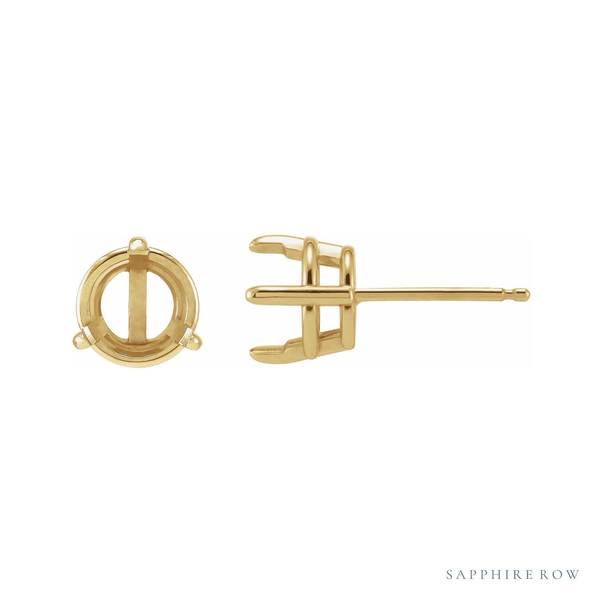 Sapphire Row Round 3-Prong Pre-Notched Claw Earrings setting in 14K Yellow Gold, shown with a center stone (sold separately)