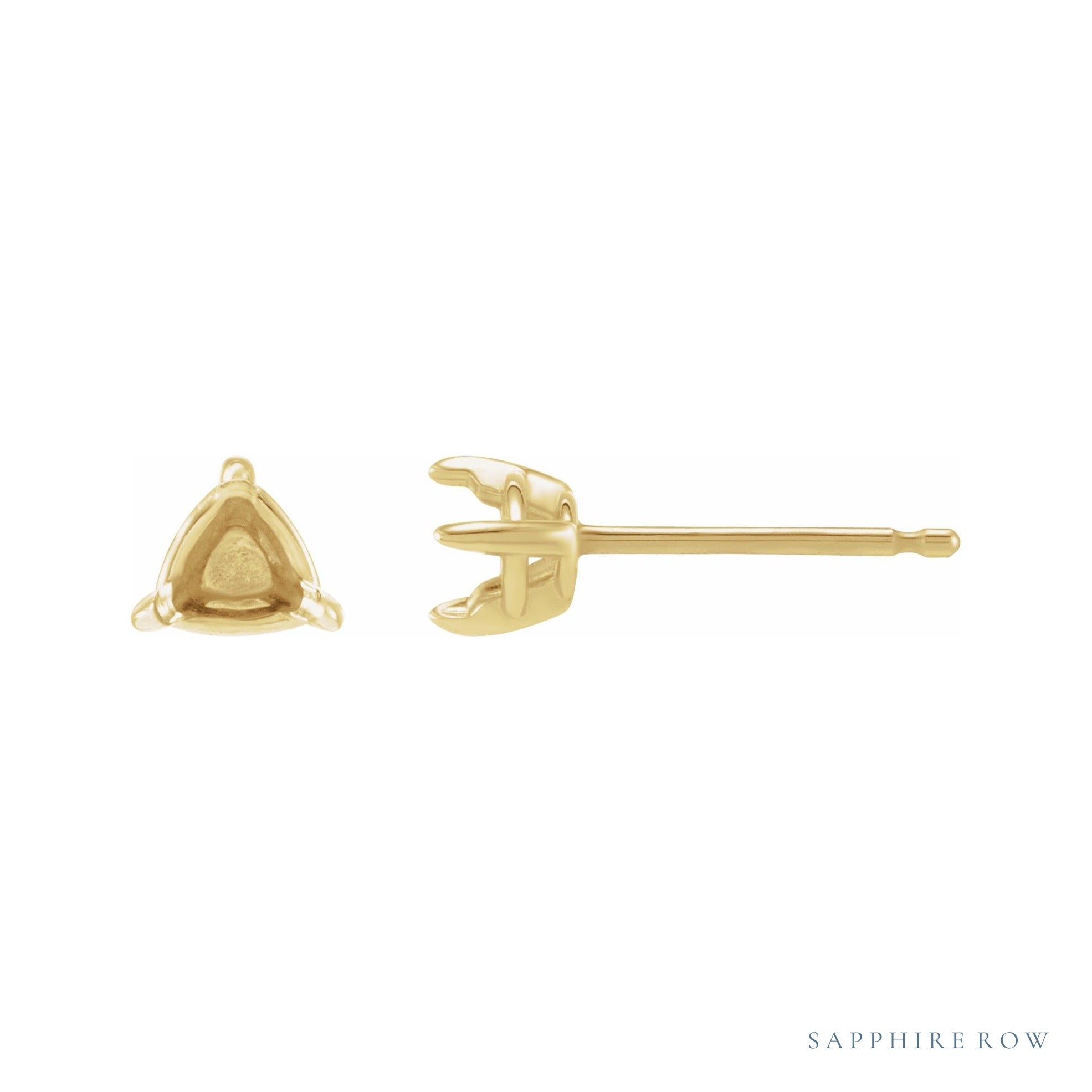 Sapphire Row Trillion 3-Prong Claw Earrings setting in 14K Yellow Gold, shown with a center stone (sold separately)