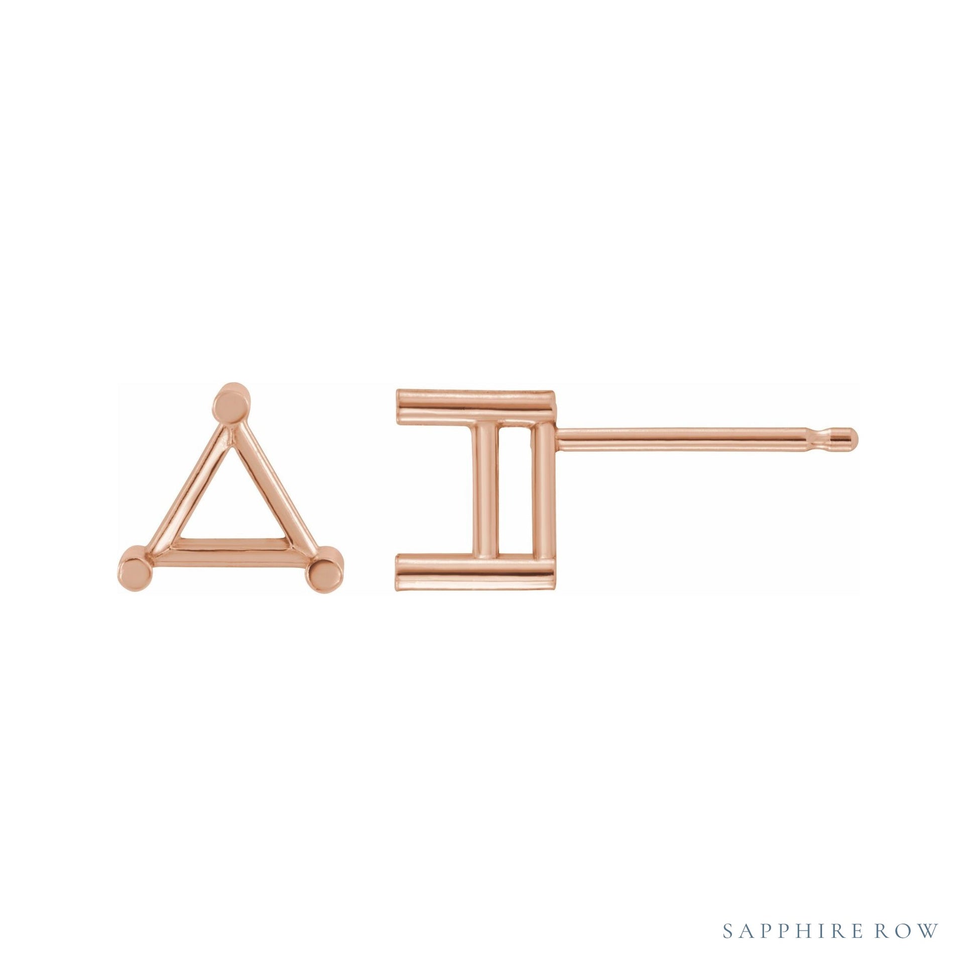 Sapphire Row Triangle 3-Prong Stud Earrings setting in 14K Rose Gold, shown with a center stone (sold separately)