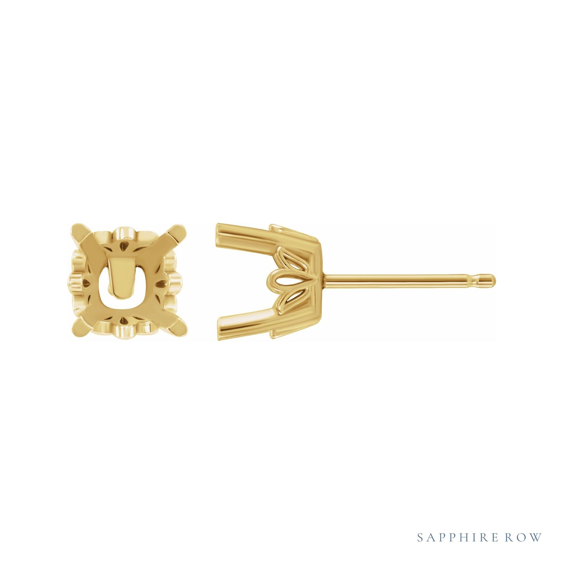 Sapphire Row Cushion 4-Prong Scroll® Stud Earrings setting in 14K Yellow Gold, shown with a center stone (sold separately)