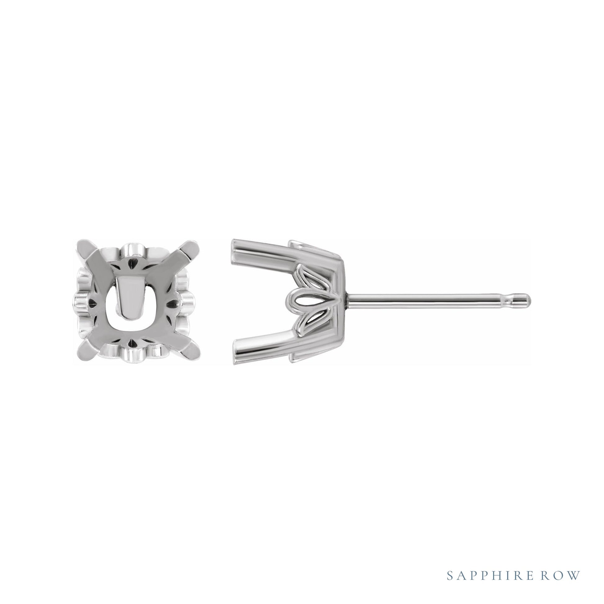 Sapphire Row Cushion 4-Prong Scroll® Stud Earrings setting in Platinum, shown with a center stone (sold separately)
