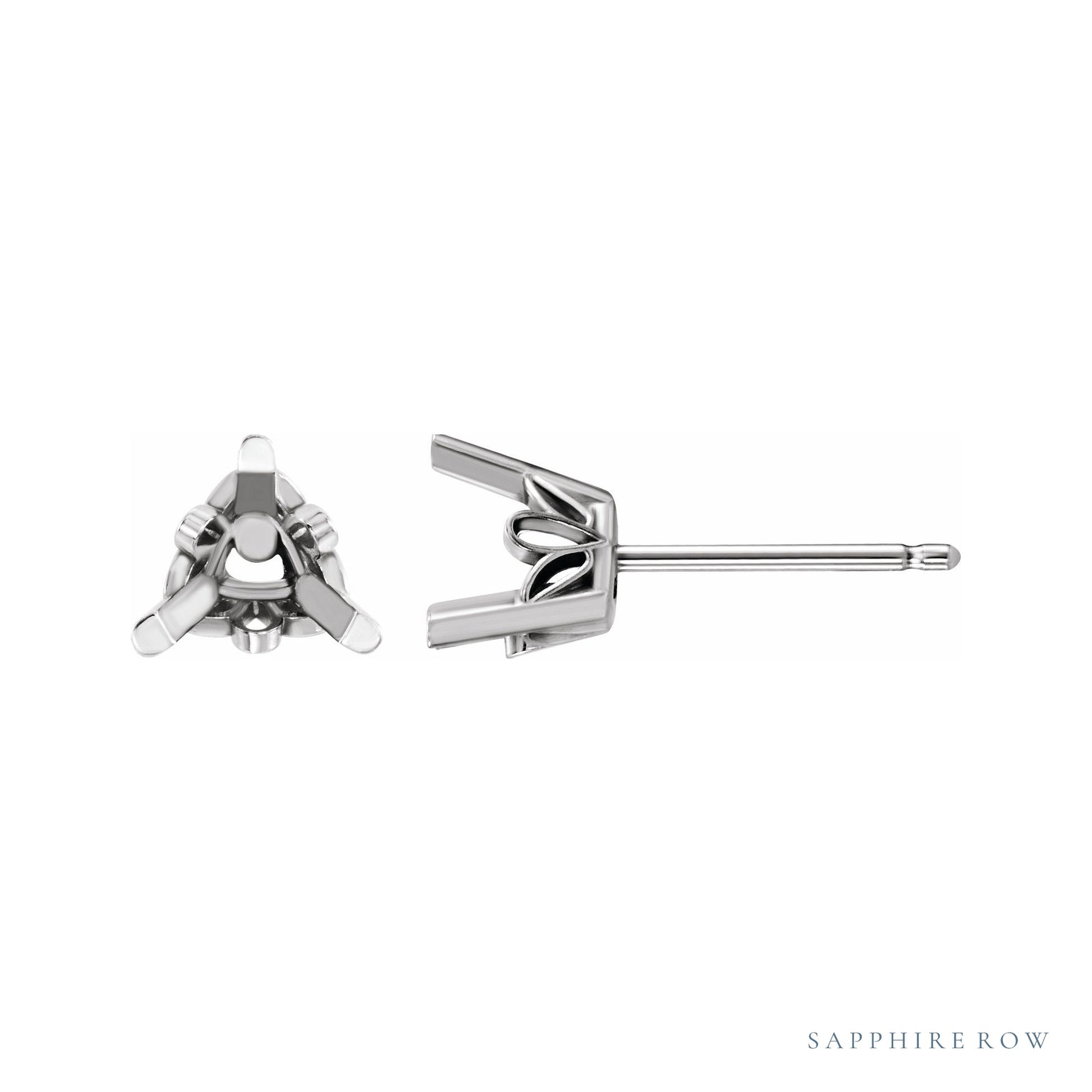 Sapphire Row Trillion 3-Prong Scroll® Stud Earrings setting in 14K White Gold, shown with a center stone (sold separately)
