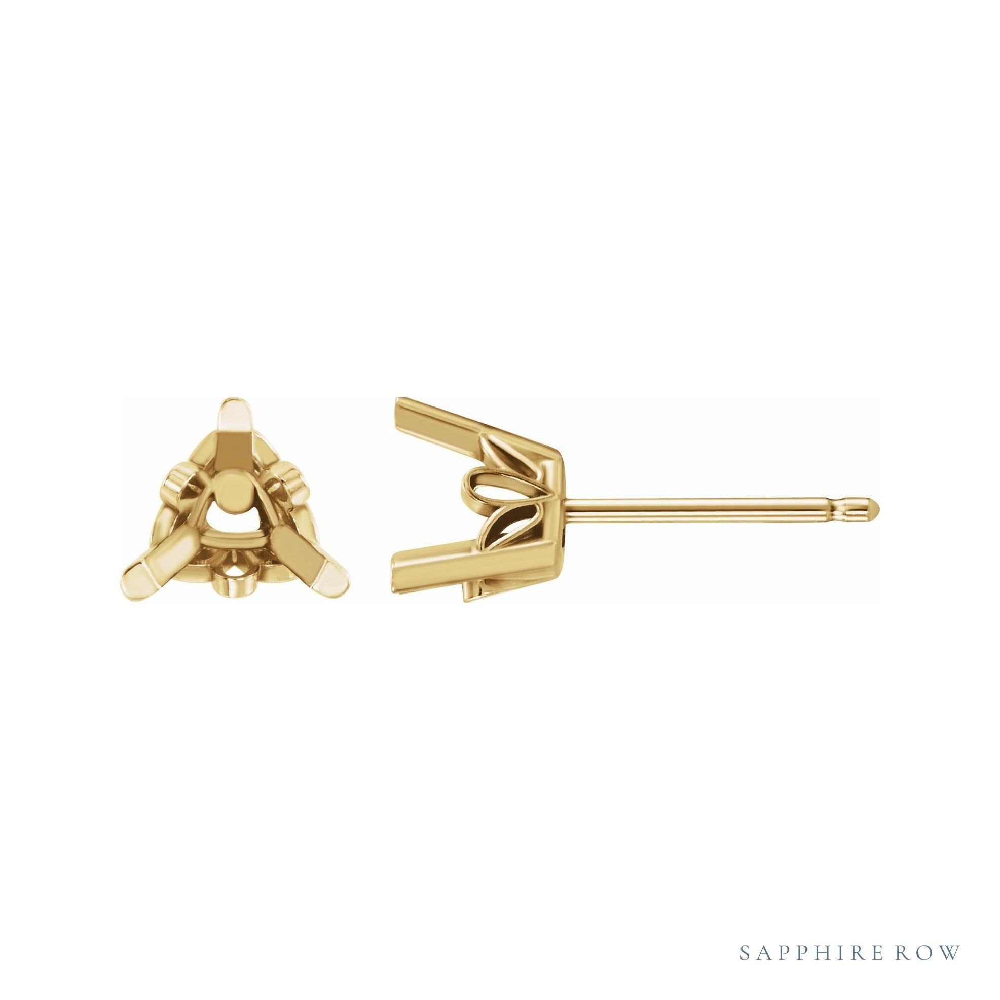 Sapphire Row Trillion 3-Prong Scroll® Stud Earrings setting in 14K Yellow Gold, shown with a center stone (sold separately)
