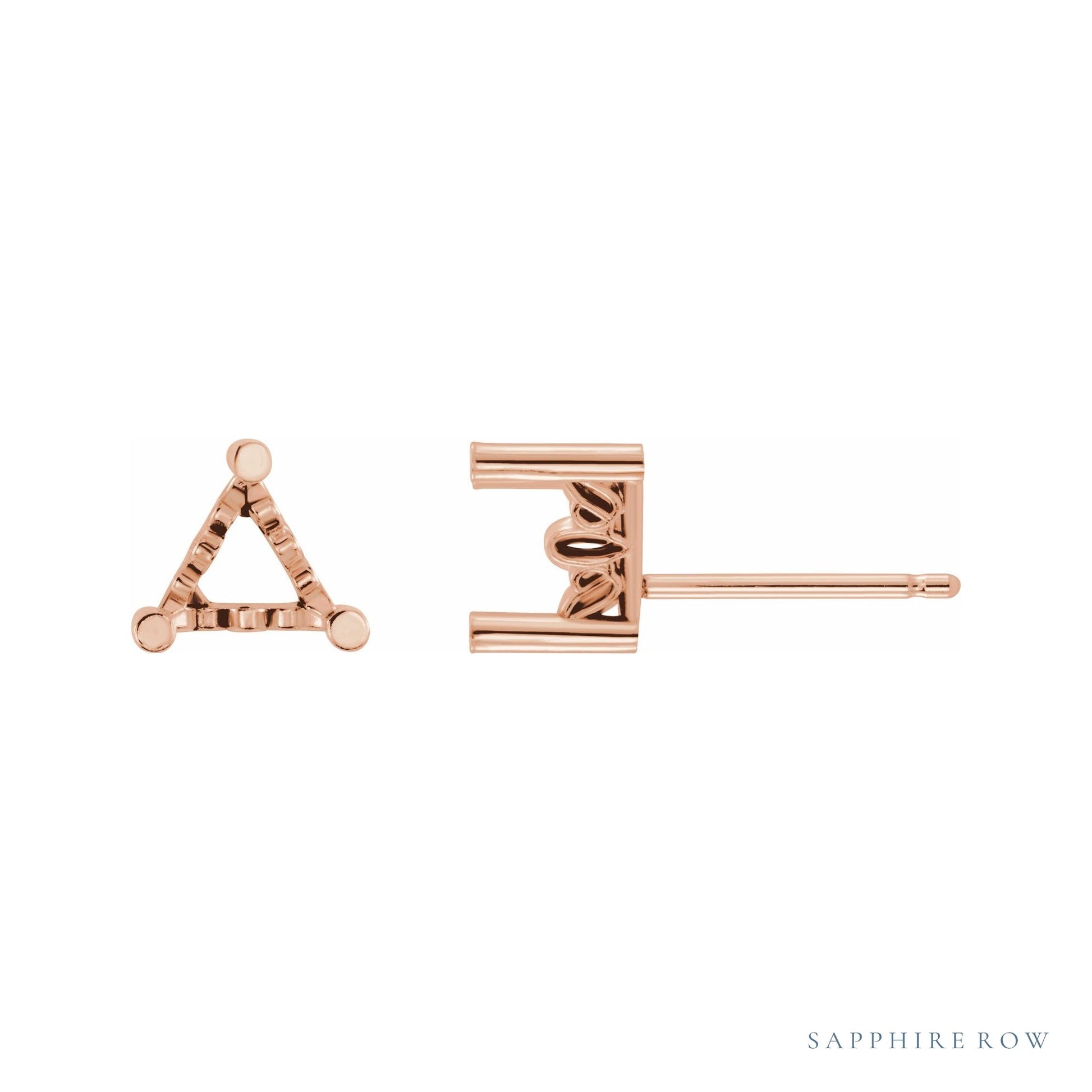 Sapphire Row Triangle 3-Prong Scroll® Stud Earrings setting in 14K Rose Gold, shown with a center stone (sold separately)