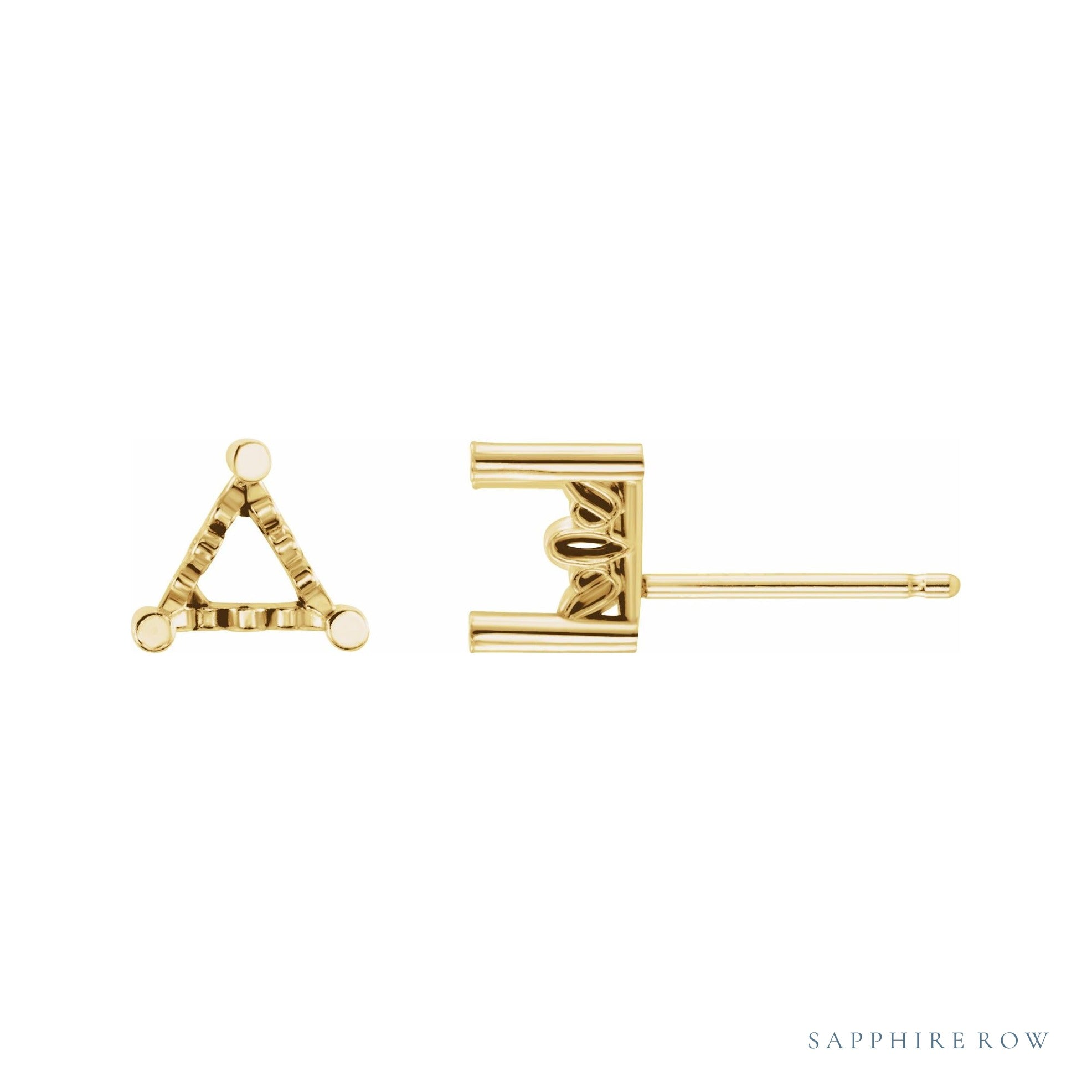 Sapphire Row Triangle 3-Prong Scroll® Stud Earrings setting in 14K Yellow Gold, shown with a center stone (sold separately)