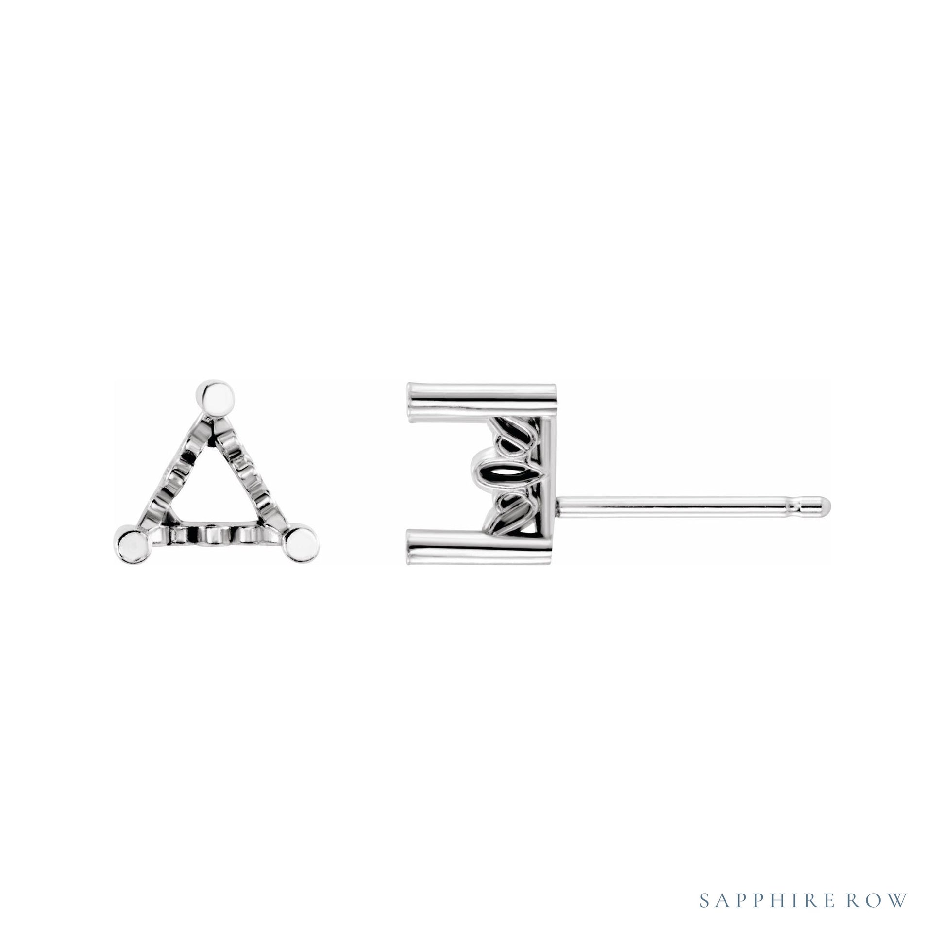 Sapphire Row Triangle 3-Prong Scroll® Stud Earrings setting in Platinum, shown with a center stone (sold separately)