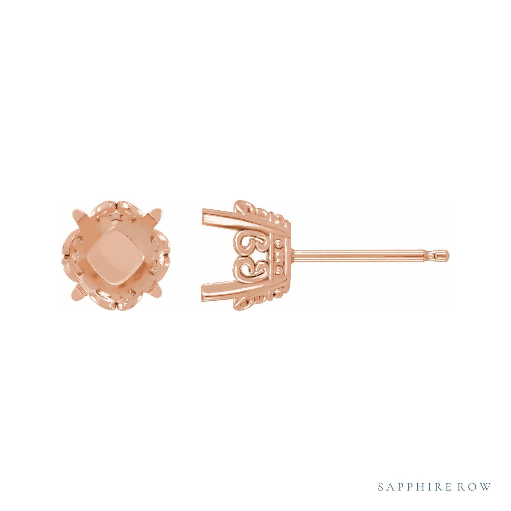 Sapphire Row Cushion 4-Prong Butterfly Scroll Stud Earrings setting in 14K Rose Gold, shown with a center stone (sold separately)
