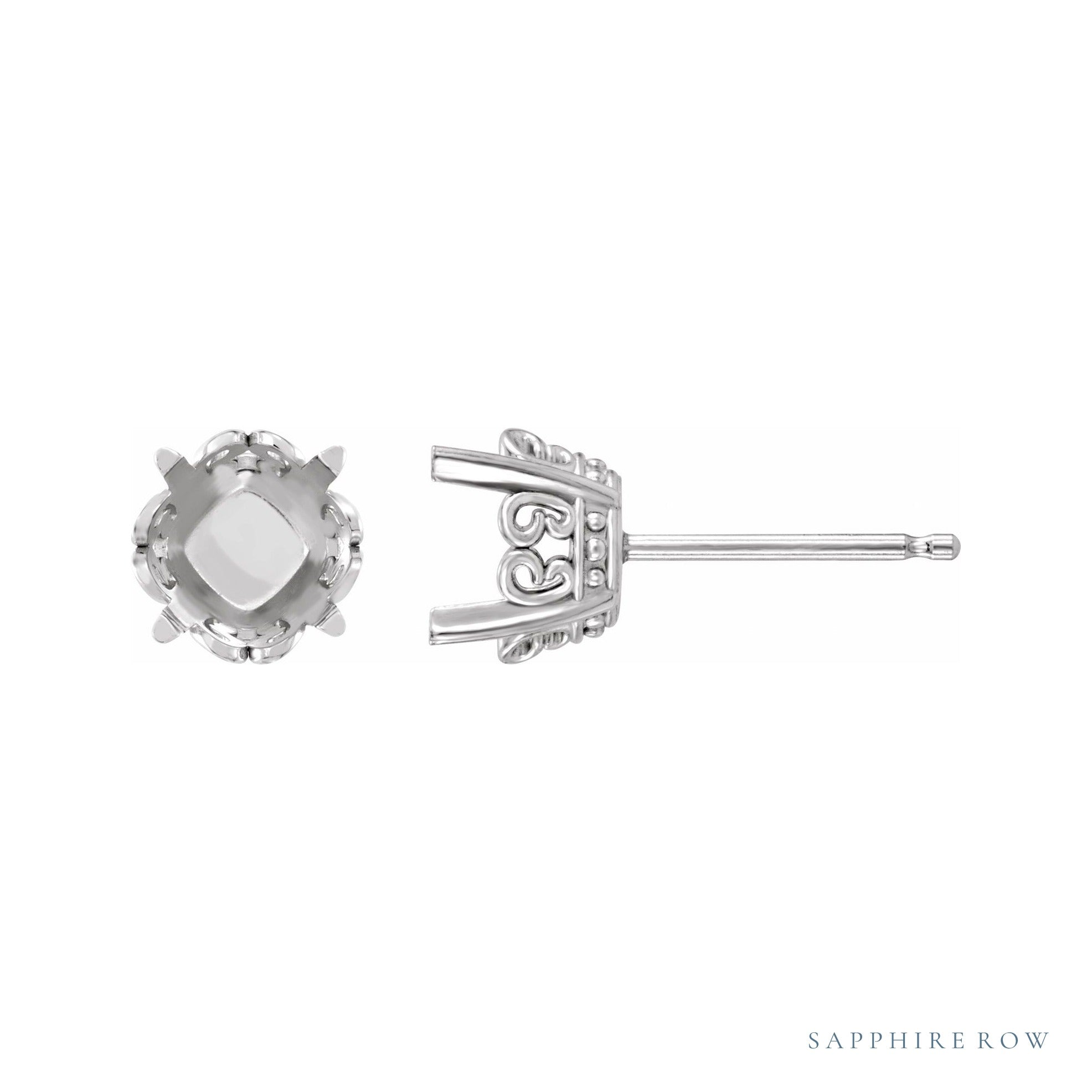 Sapphire Row Cushion 4-Prong Butterfly Scroll Stud Earrings setting in 14K White Gold, shown with a center stone (sold separately)