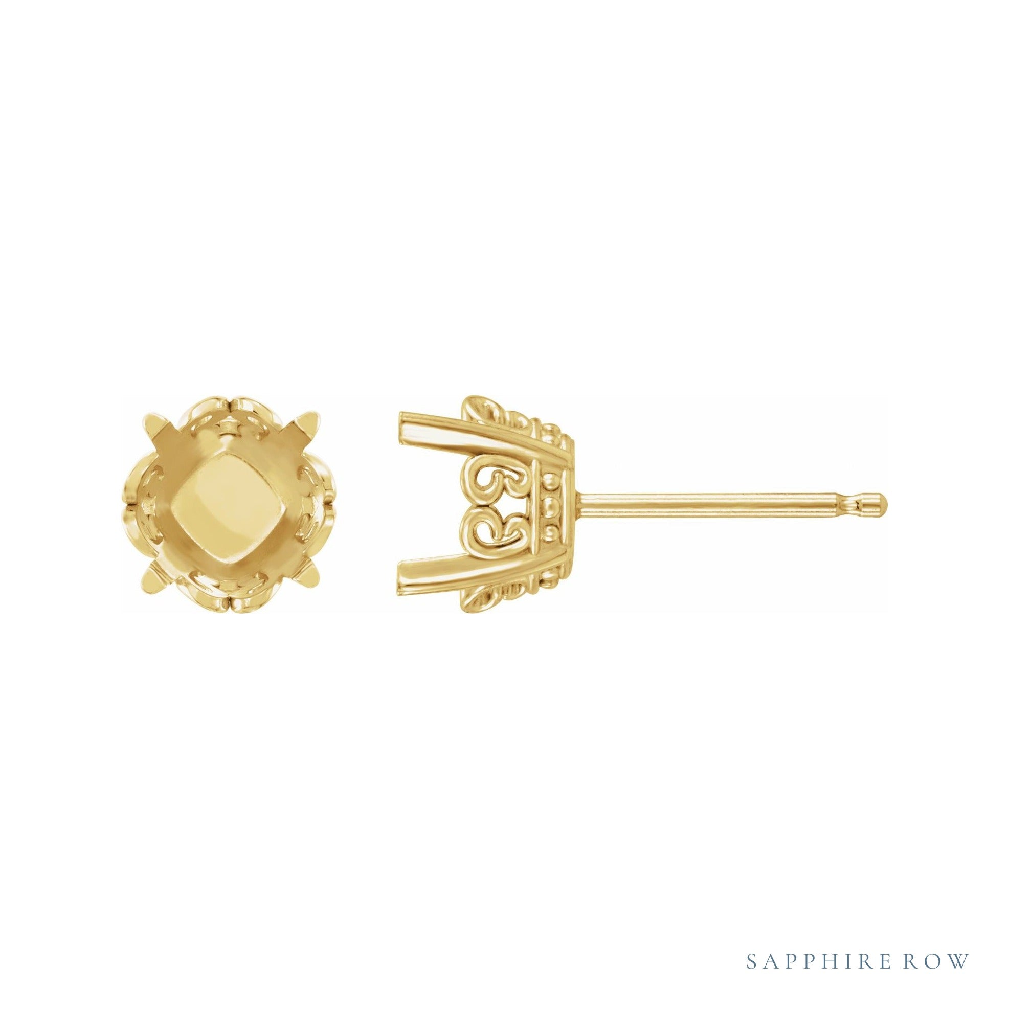 Sapphire Row Cushion 4-Prong Butterfly Scroll Stud Earrings setting in 14K Yellow Gold, shown with a center stone (sold separately)