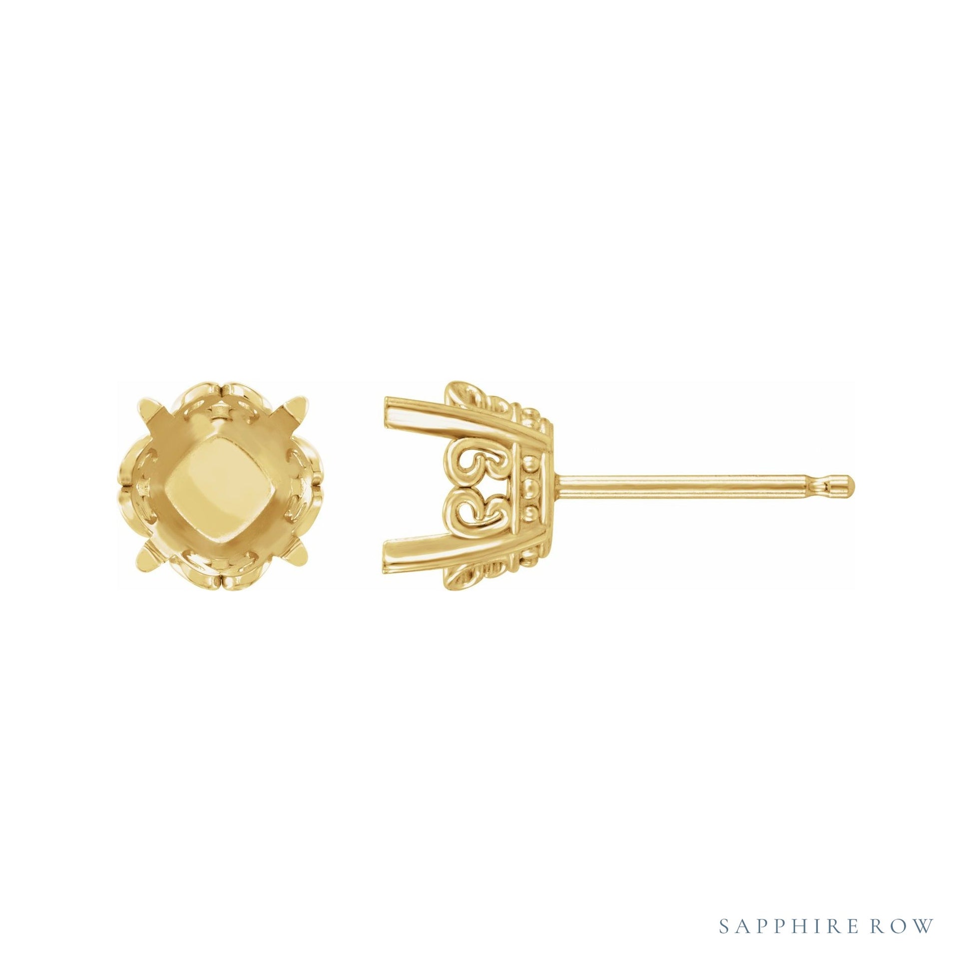 Sapphire Row Cushion 4-Prong Butterfly Scroll Stud Earrings setting in 14K Yellow Gold, shown with a center stone (sold separately)