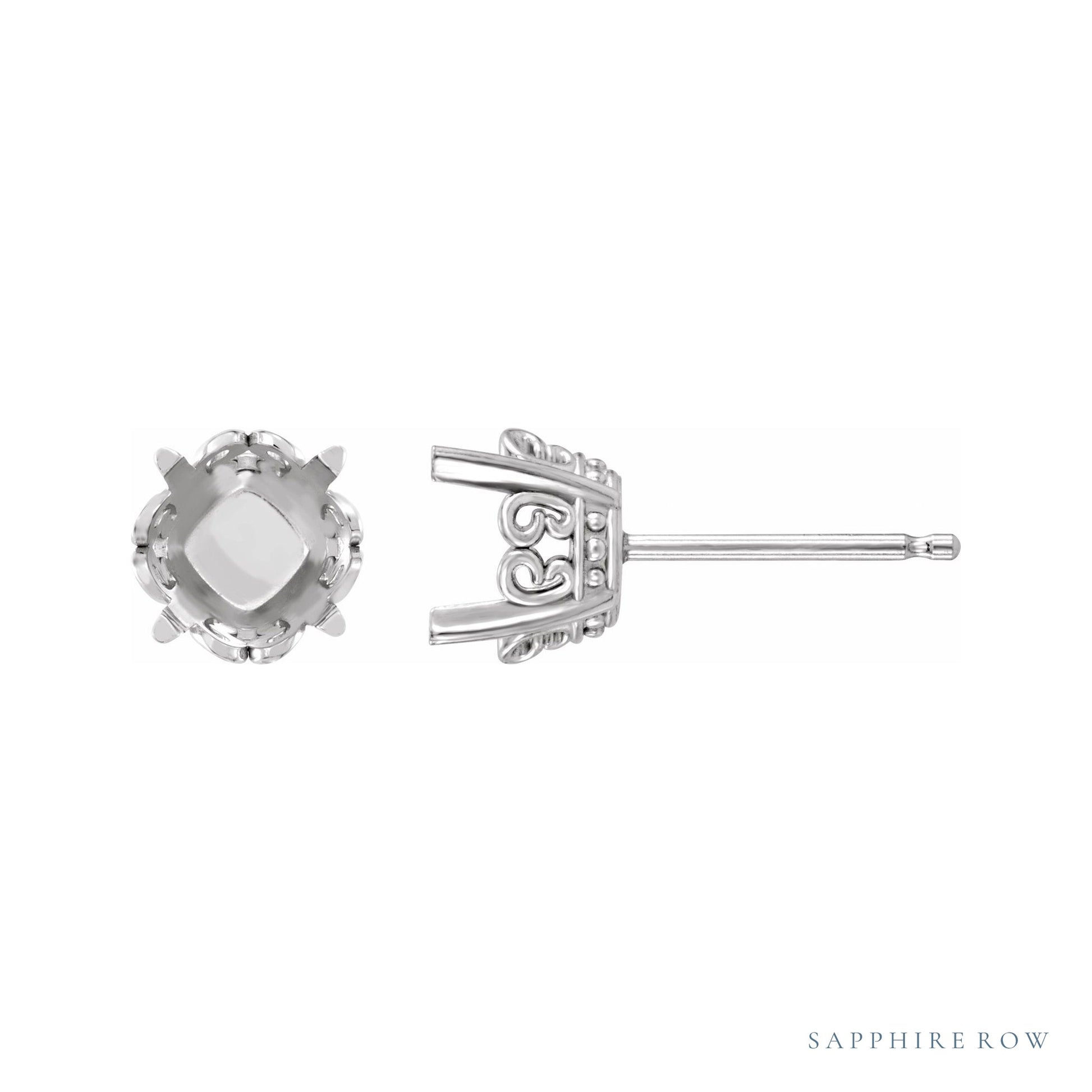 Sapphire Row Cushion 4-Prong Butterfly Scroll Stud Earrings setting in Platinum, shown with a center stone (sold separately)
