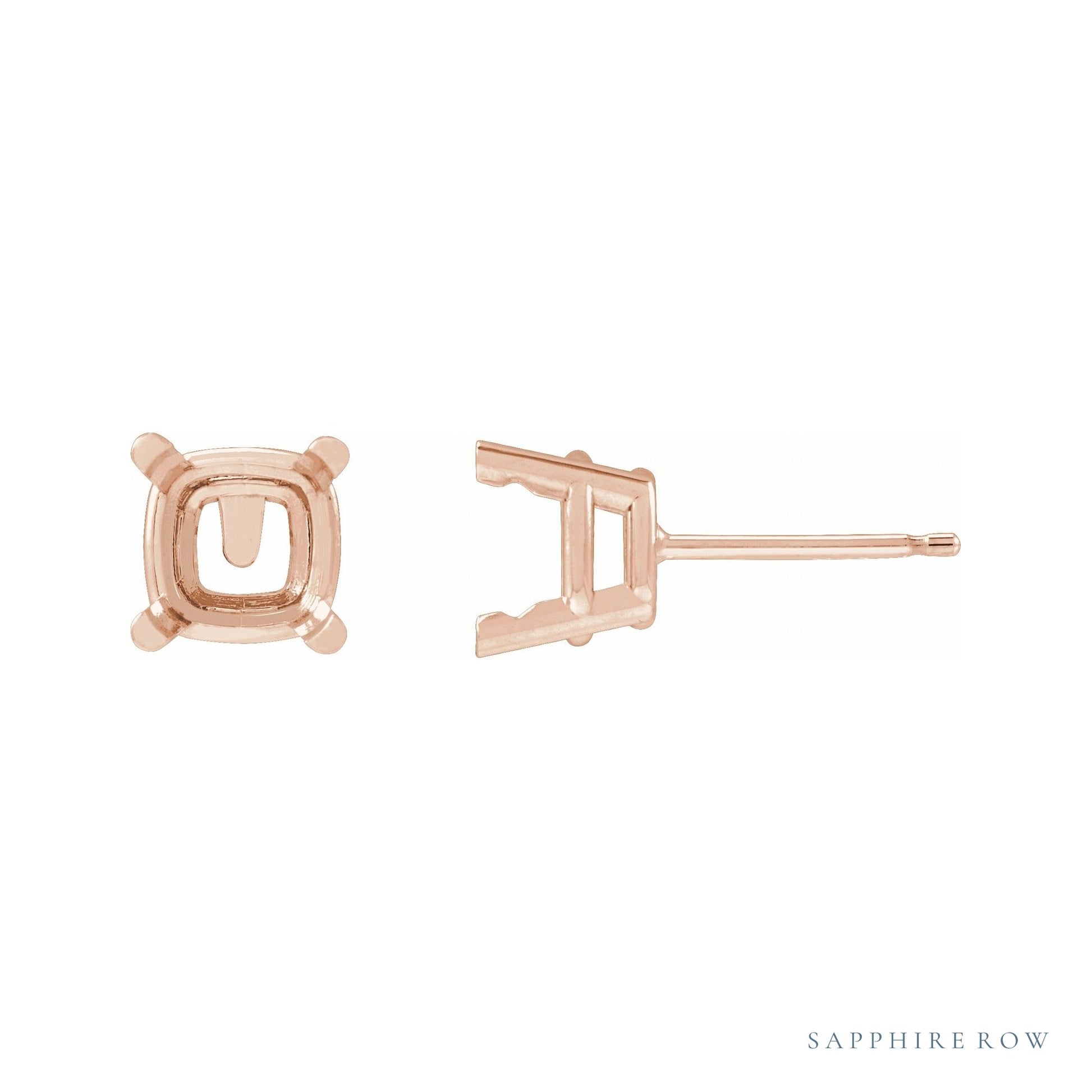 Sapphire Row Cushion 4-Prong Pre-Notched Earrings setting in 14K Rose Gold, shown with a center stone (sold separately)