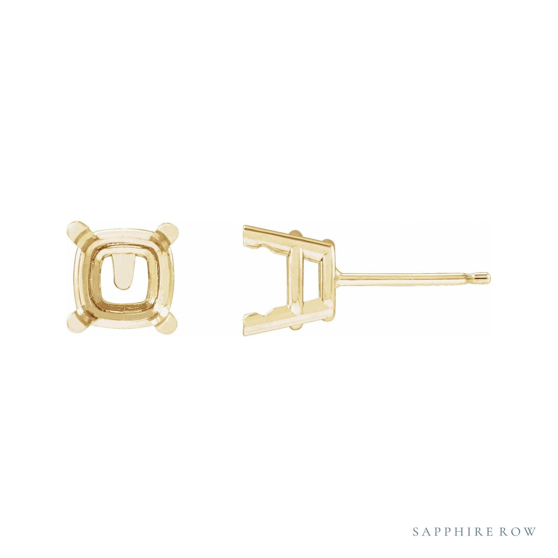 Sapphire Row Cushion 4-Prong Pre-Notched Earrings setting in 14K Yellow Gold, shown with a center stone (sold separately)