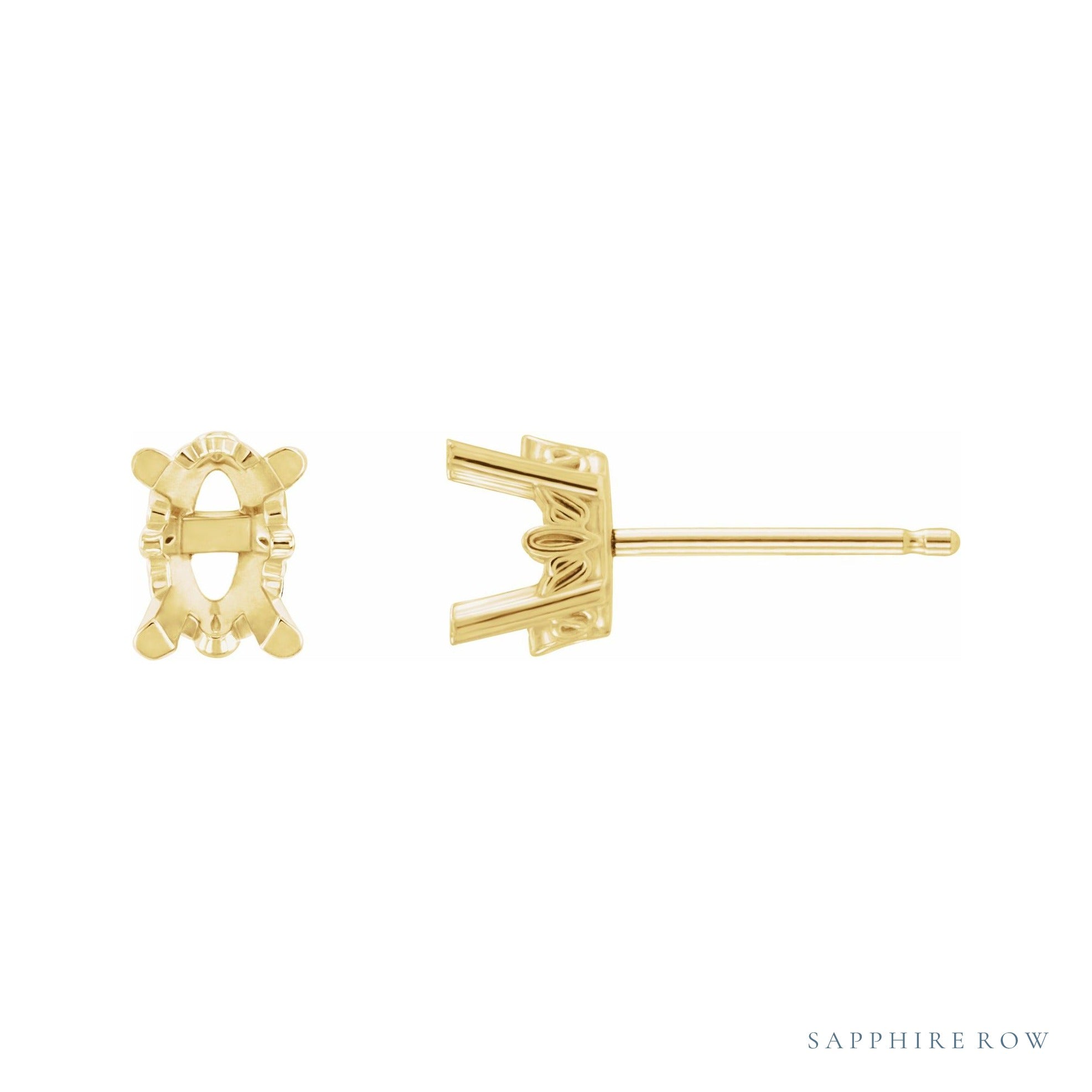 Sapphire Row Oval 4-Prong Scroll® Stud Earrings setting in 14K Yellow Gold, shown with a center stone (sold separately)
