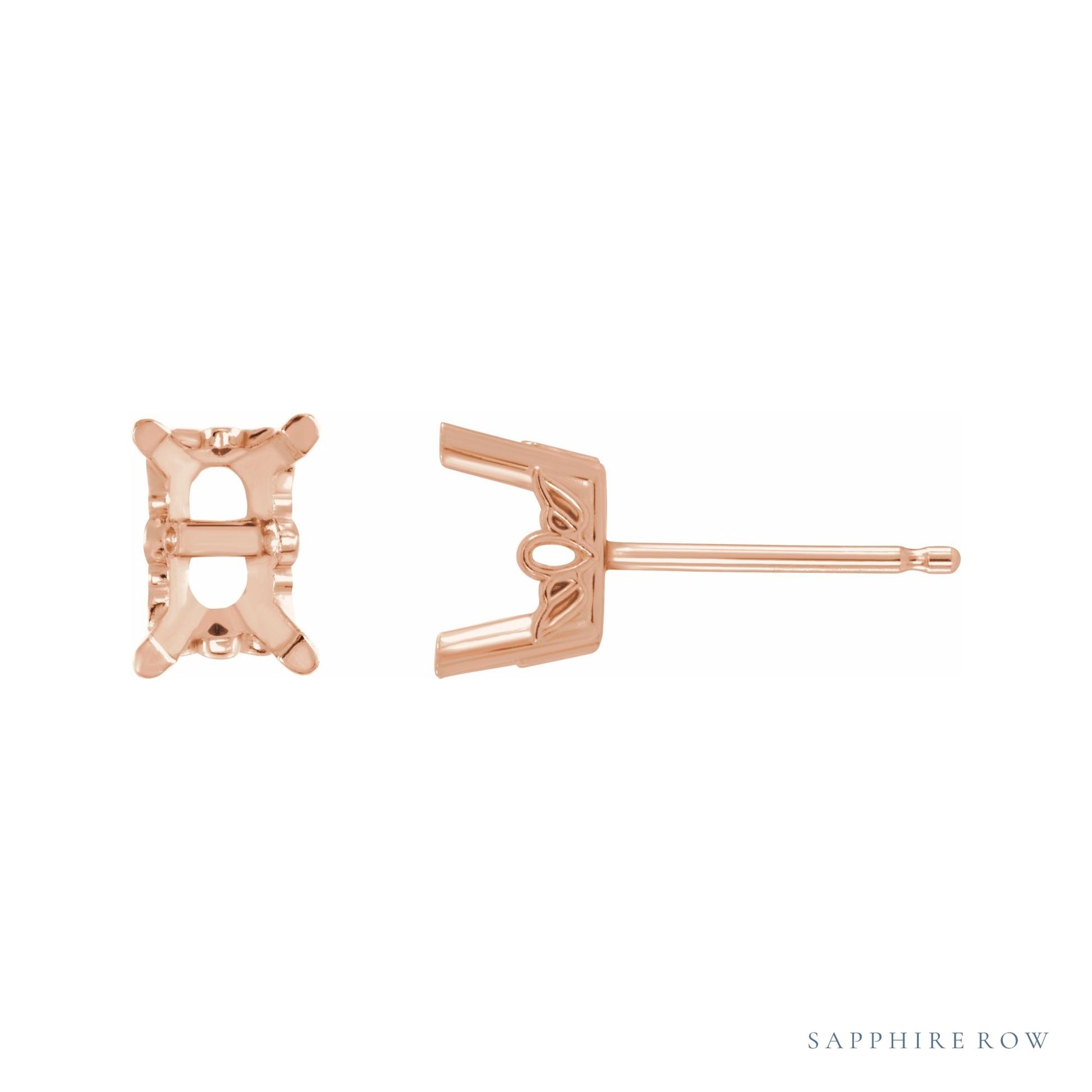 Sapphire Row Emerald 4-Prong Scroll® Stud Earrings setting in 14K Rose Gold, shown with a center stone (sold separately)