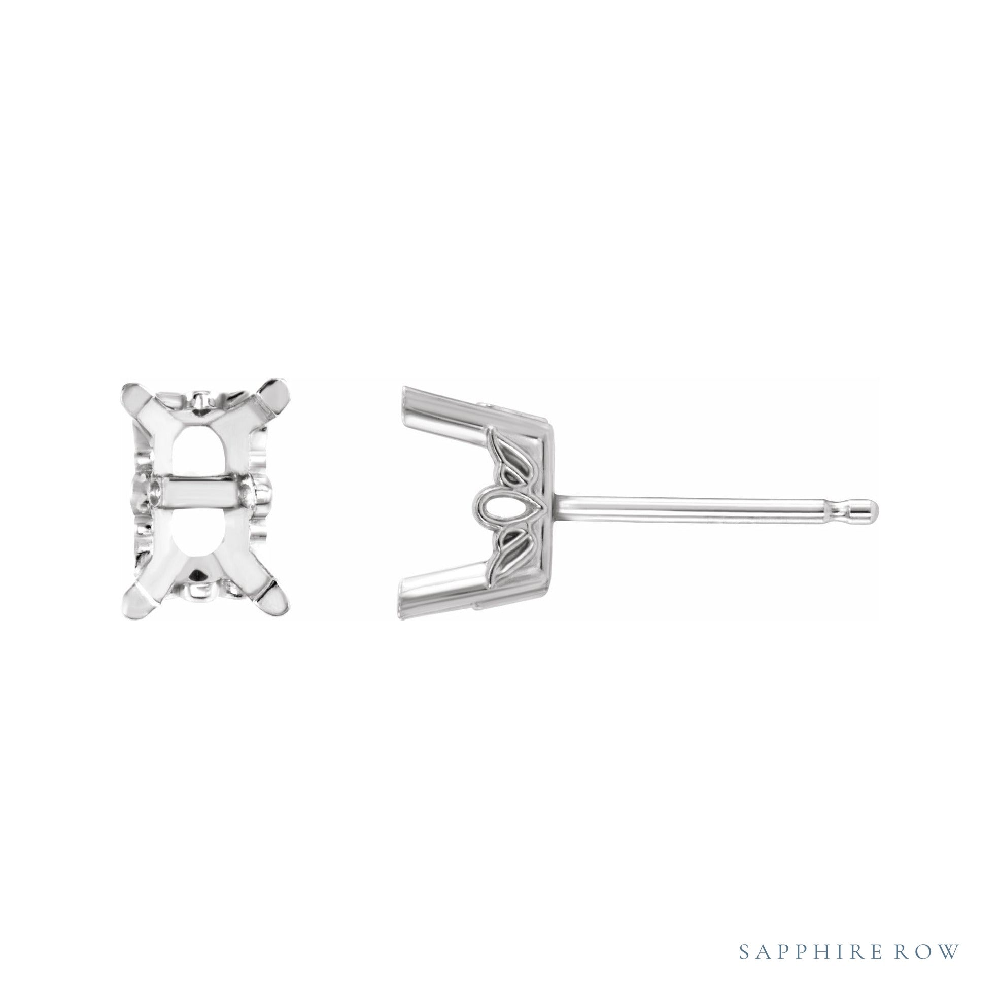 Sapphire Row Emerald 4-Prong Scroll® Stud Earrings setting in 14K White Gold, shown with a center stone (sold separately)