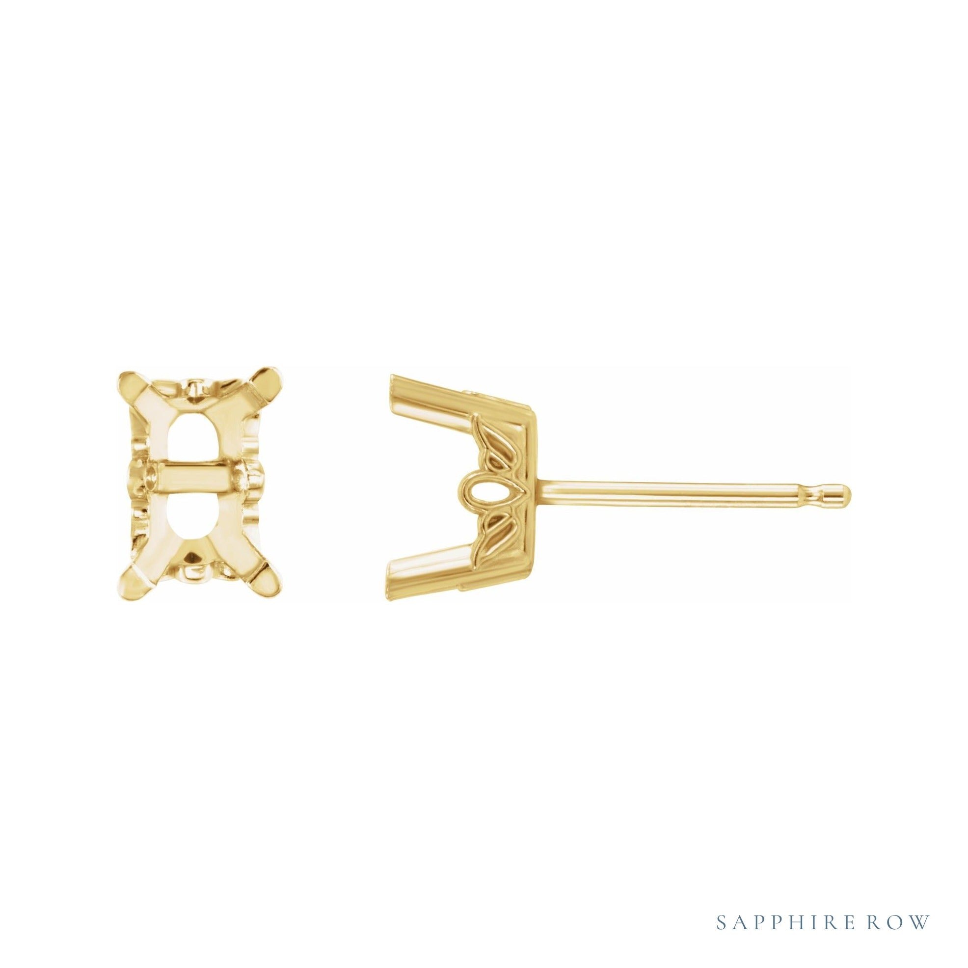 Sapphire Row Emerald 4-Prong Scroll® Stud Earrings setting in 14K Yellow Gold, shown with a center stone (sold separately)